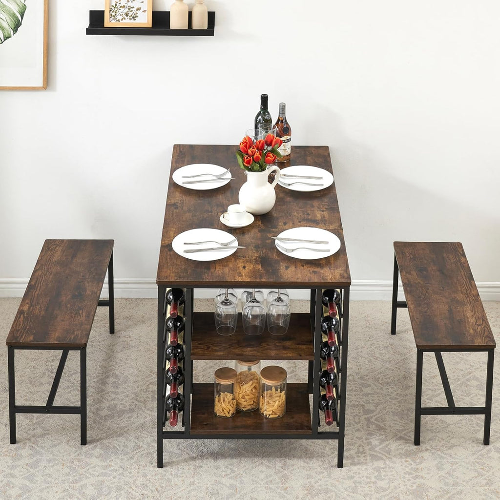 Garvee Dining Table Set for 4, Kitchen Table Set for 4 with 2 Benches, 3 Piece Dining Room Table Set for Small Space Apartment, Retro Brown