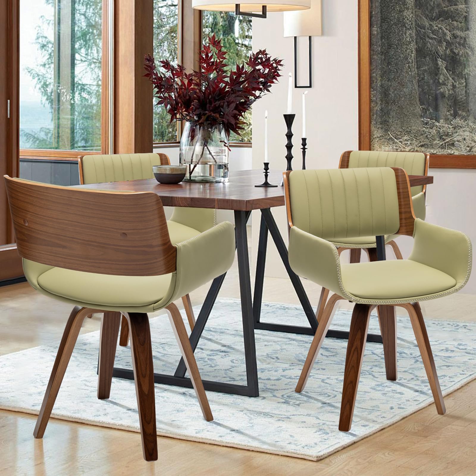 LUNLING Swivel Accent Faux Leather Dining Chairs, Mid Century Modern Chairs with Wooden Legs/Armrest/Upholstered Seat/Adjustable Foots for Kitchen Dining Room Desk Chairs,Green,1PCS