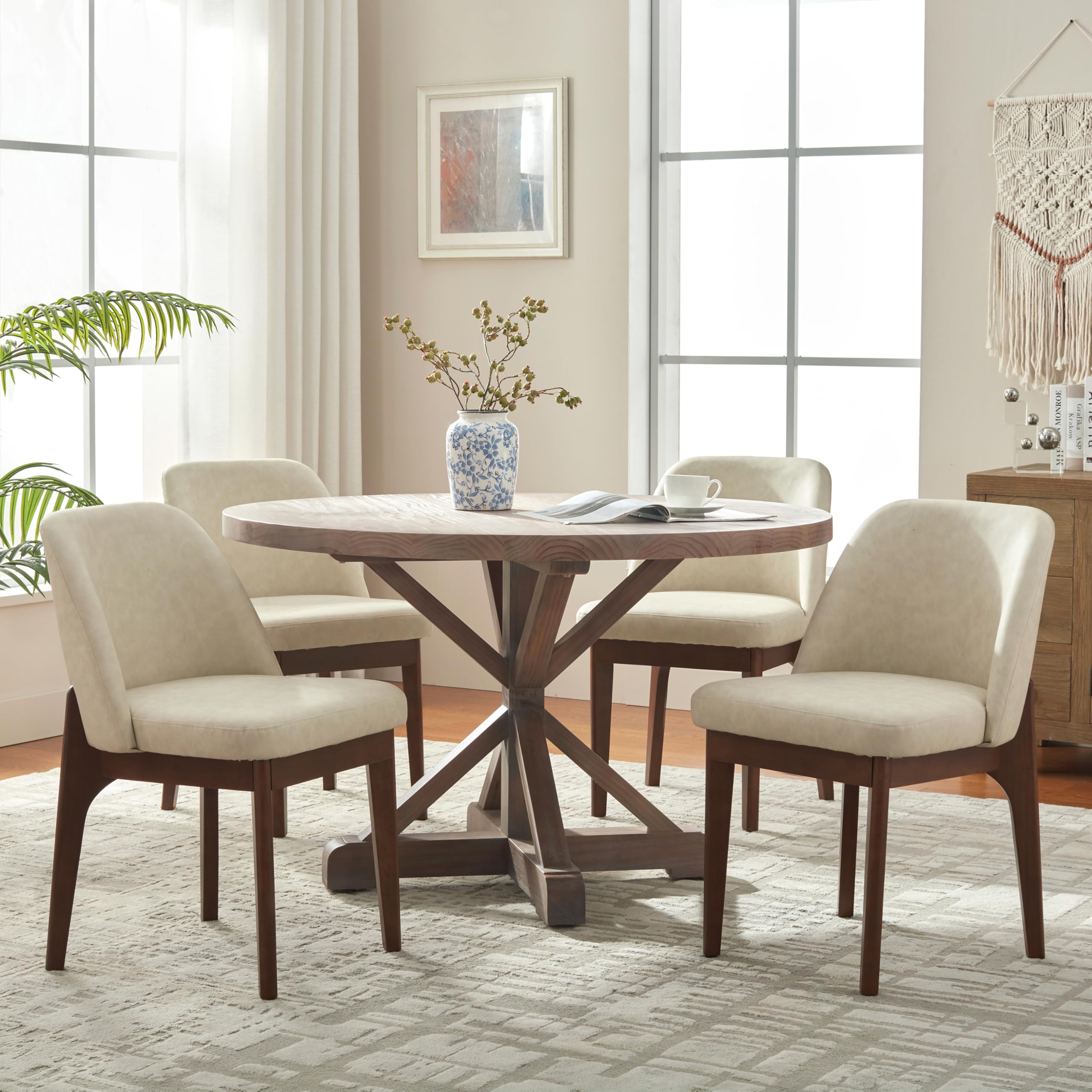 VKNOW Modern Dining Chairs Set of 2, Faux Leather Kitchen Chairs with Wood Legs, Upholstered Side Chair for Kitchen Dining Room, Beige