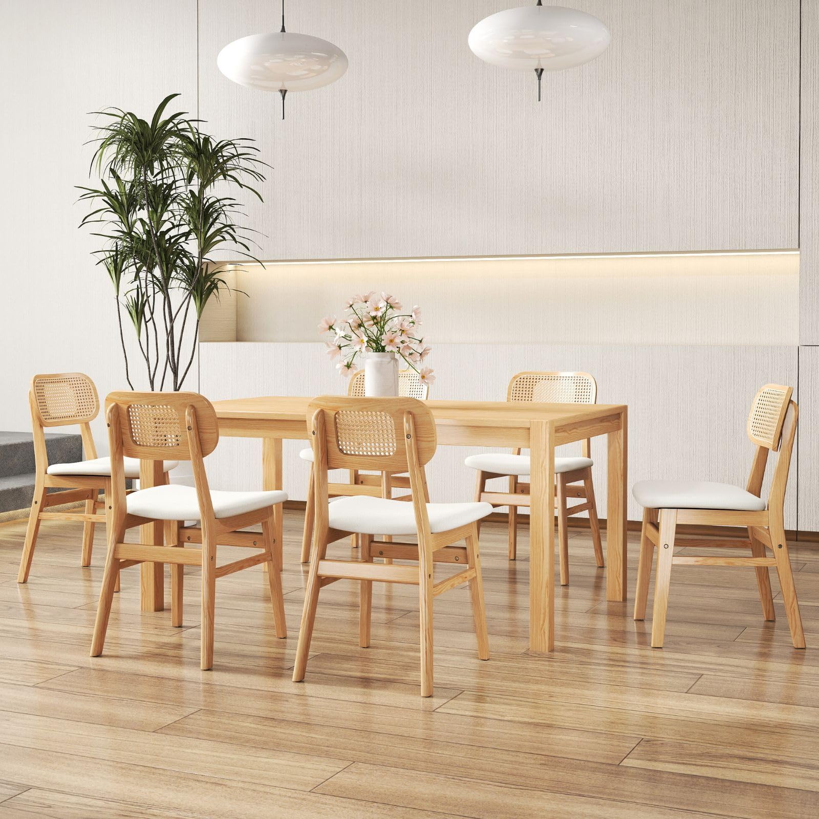 ROCITY Rattan Dining Chairs Set of 2 White Faux Leather Dining Room Chairs Natural Wooden Kitchen Chairs Farmhouse Side Chairs