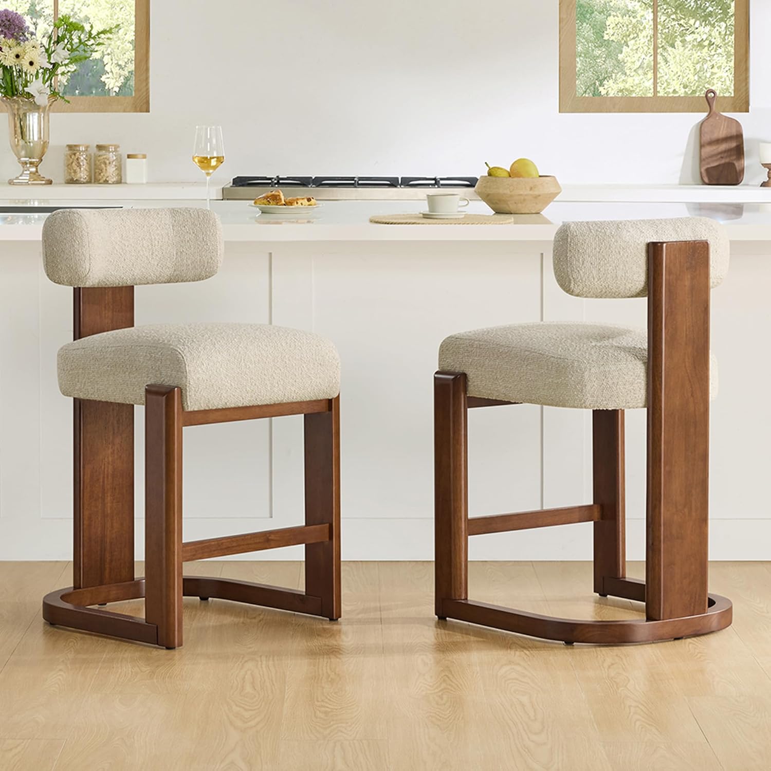 2PC Upholstered Counter Bar Stools, Oatmeal Fabric with Walnut Wood Legs