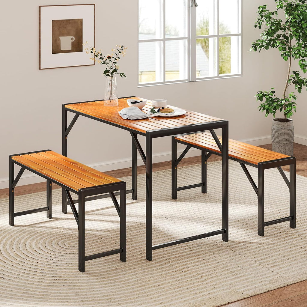 Tangkula 3-Pieces Patio Dining Set for 4 People, Outdoor Picnic Table & 2 Benches, 44" Acacia Wood Dining Table w/Metal Frame, Space-Saving Dinette Set for Garden Porch Poolside Yard Balcony