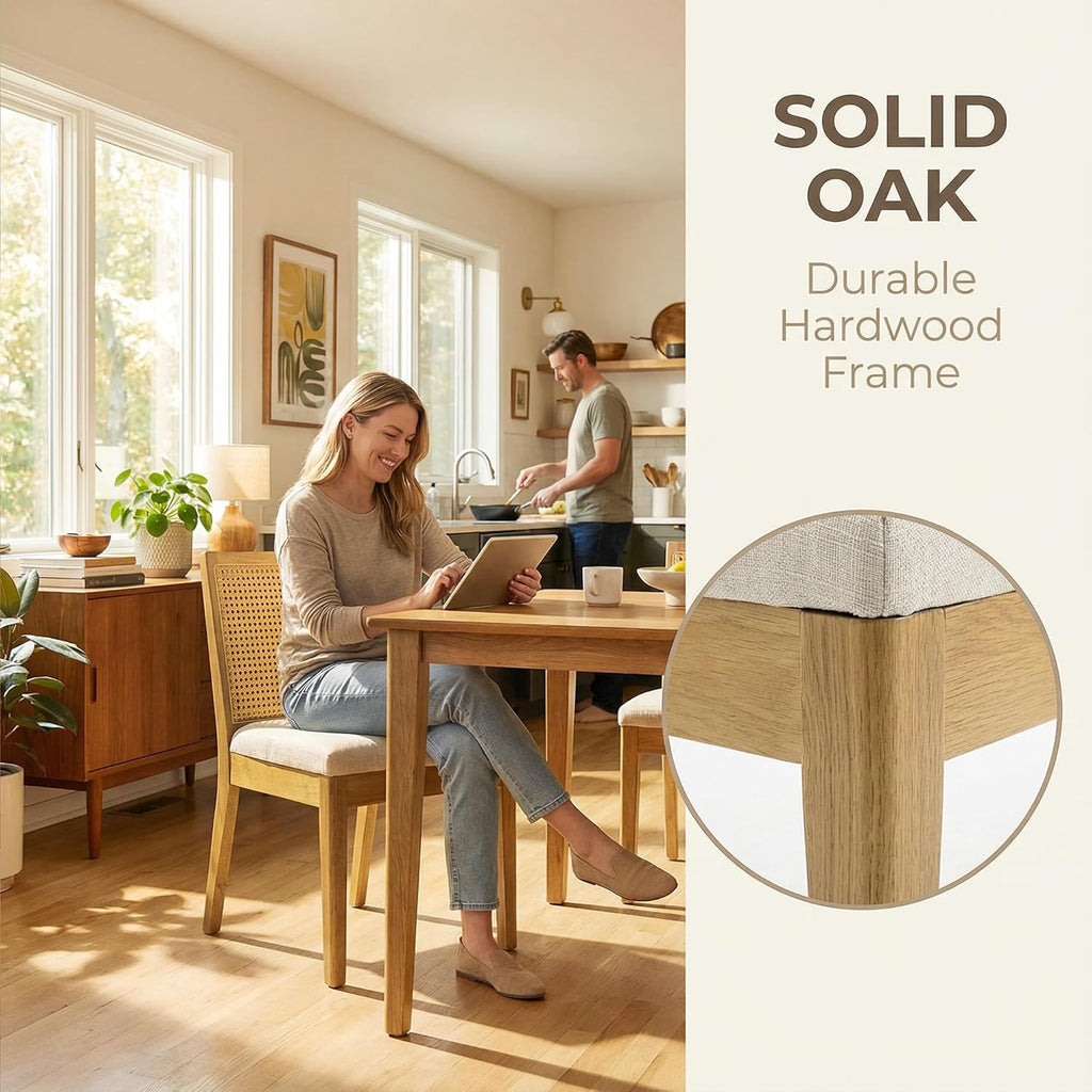 HNY Farmhouse Rattan Dining Chairs Set of 4, Natural Solid Hardwood Frame, Upholstered Linen Seat, Ergonomic Cane Back Dining Room Chairs for Kitchen, Dining Room, Apartment, Beige