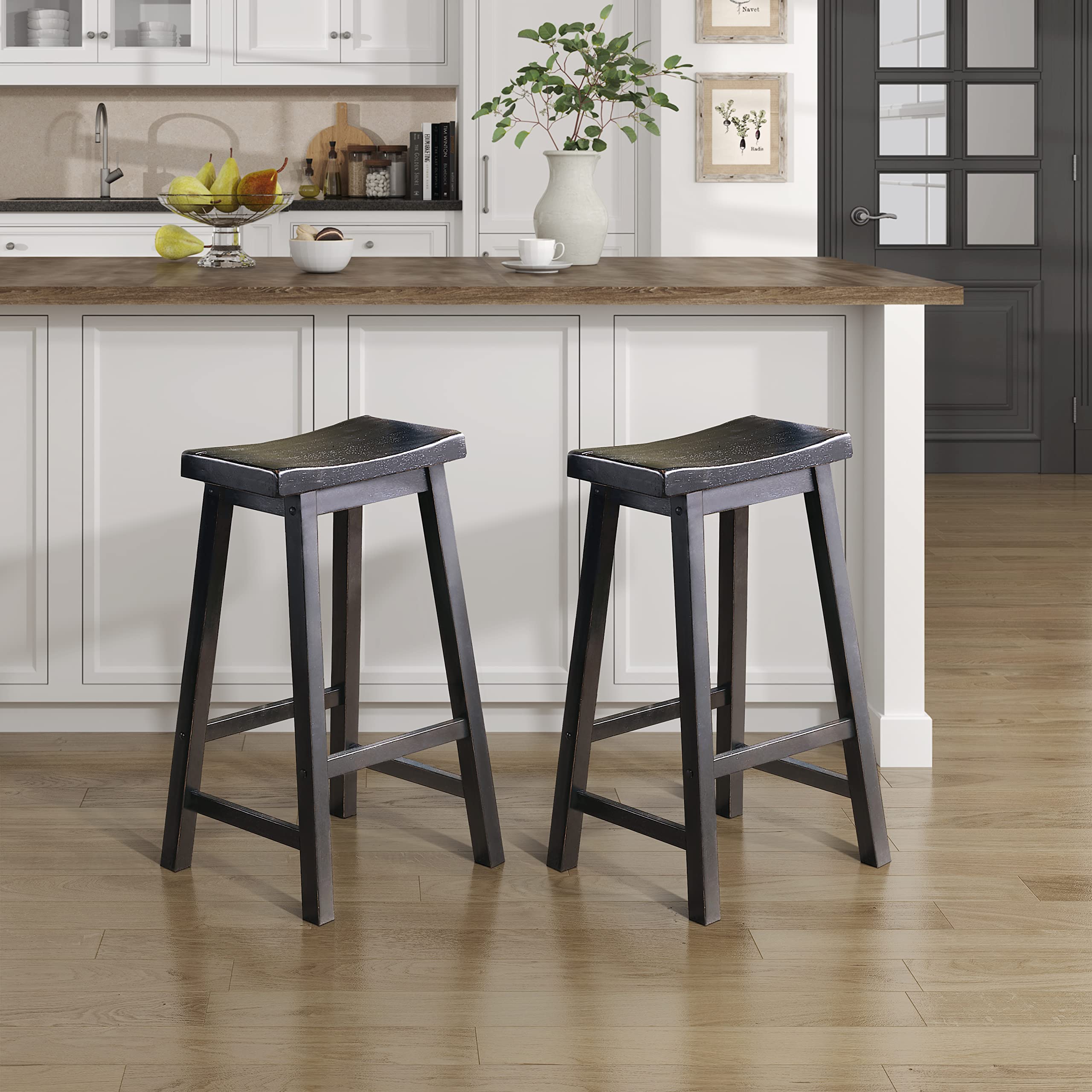 Lexicon Finnian Saddle Solid Wood Counter Height Stool Set of 2 - Saddle Kitchen Stool Dining Height Stools for Dining, Armless Counter Chair Seating, Perfect Casual - 23.5" SH Distressed Cherry