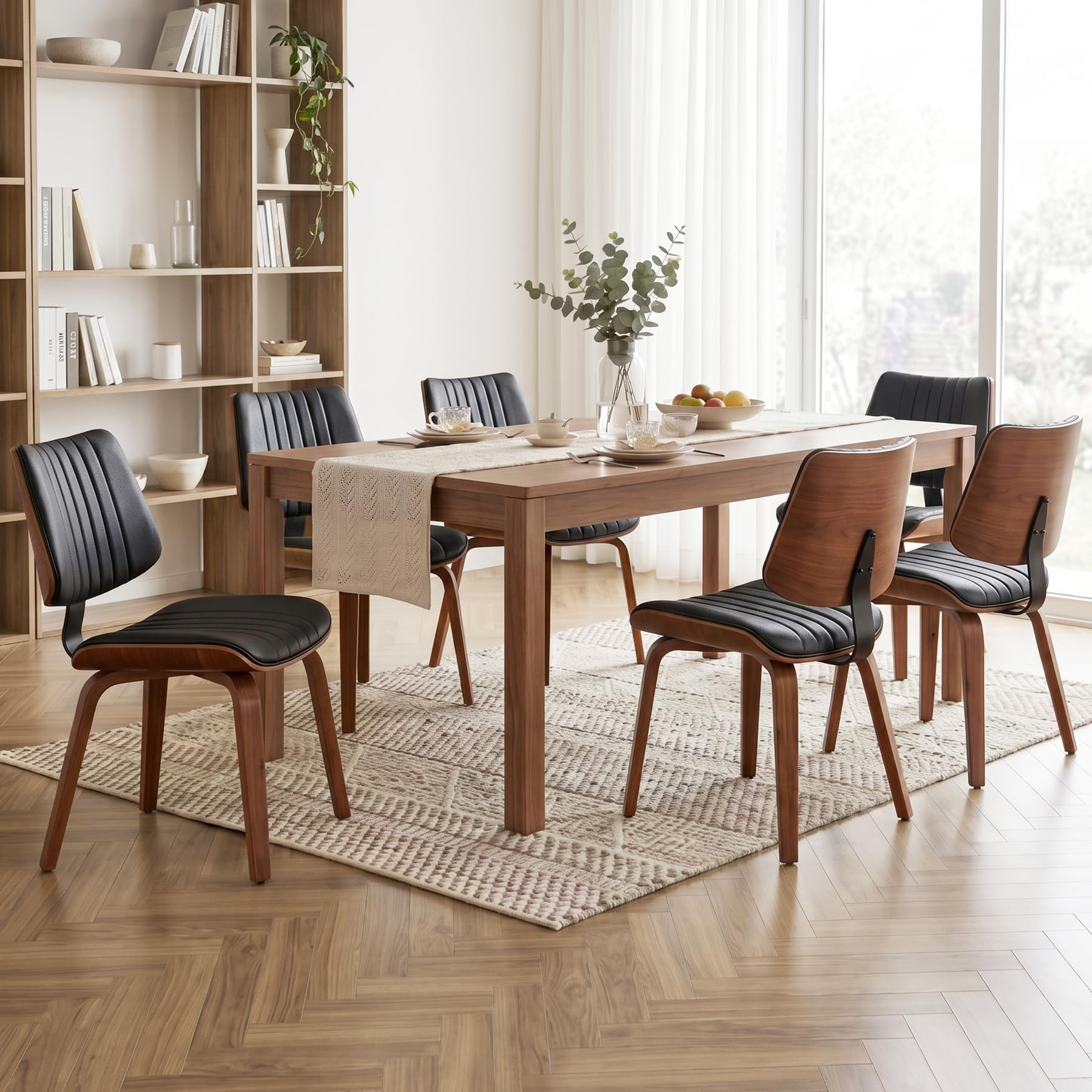 Dining Chairs Set of 1, Mid-Century Modern Upholstered PU Leather Kitchen Chair, Hanging Handrails, Walnut Bentwood Legs and Faux Leather Sponge Back for Kitchen Dining Room Living Room, Beige