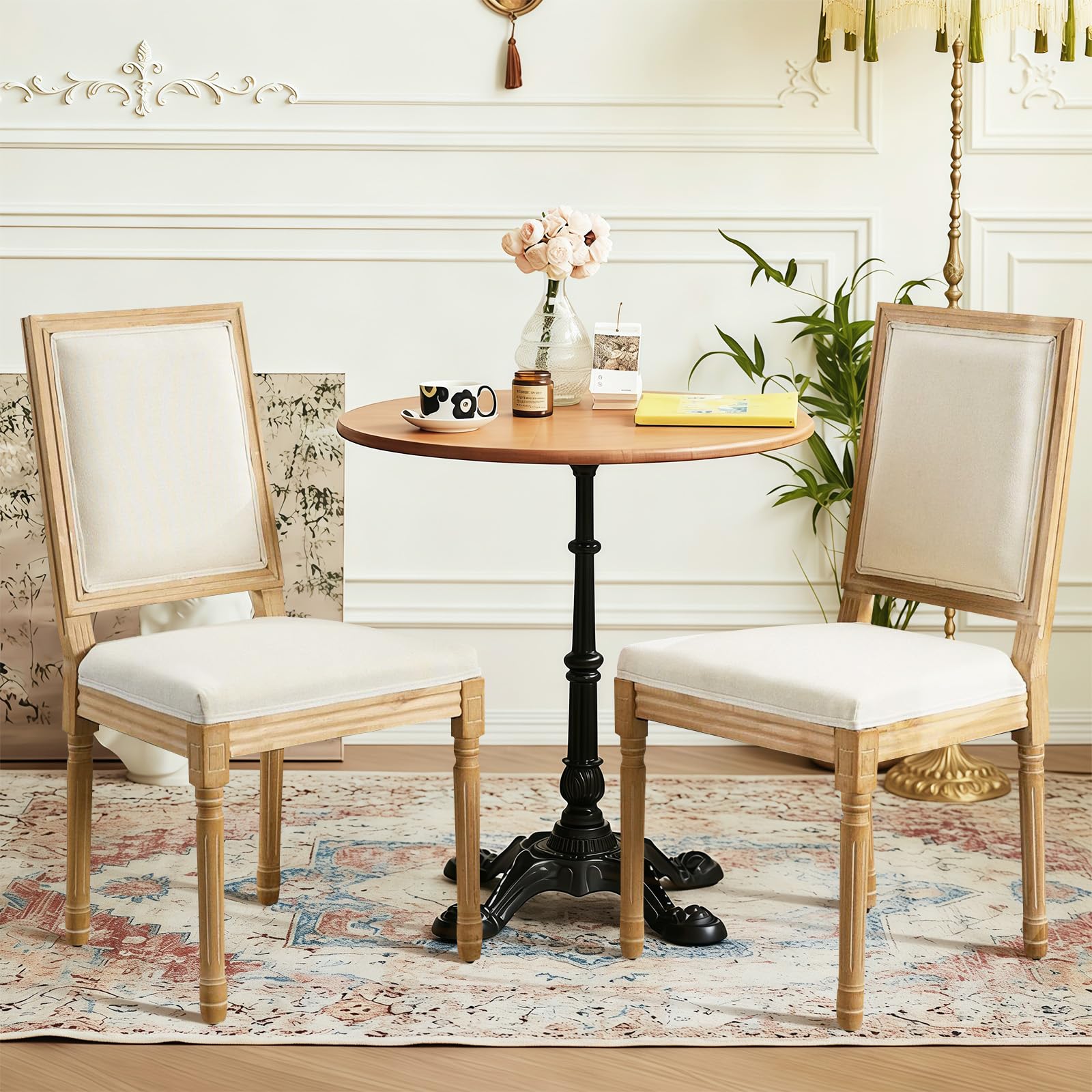 Rattan Back Upholstered Dining Chairs Set of 4 French Country Oval Kitchen Side Chairs with Wood Legs for Dining Room, Kitchen, Restaurant(Beige-Rattan)