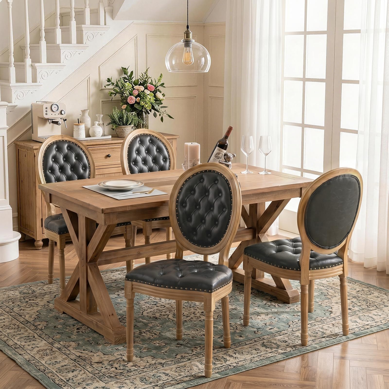 SoarFlash French Dining Chairs Set of 2, Vantage Dining Chair with Round Back, Wood Leg Farmhouse Country Rattan Dining Chair for Kitchen,Bedroom,Beige