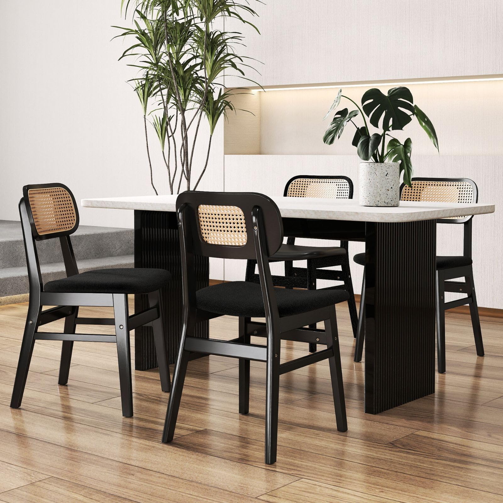 ROCITY Rattan Dining Chairs Set of 2 White Faux Leather Dining Room Chairs Natural Wooden Kitchen Chairs Farmhouse Side Chairs