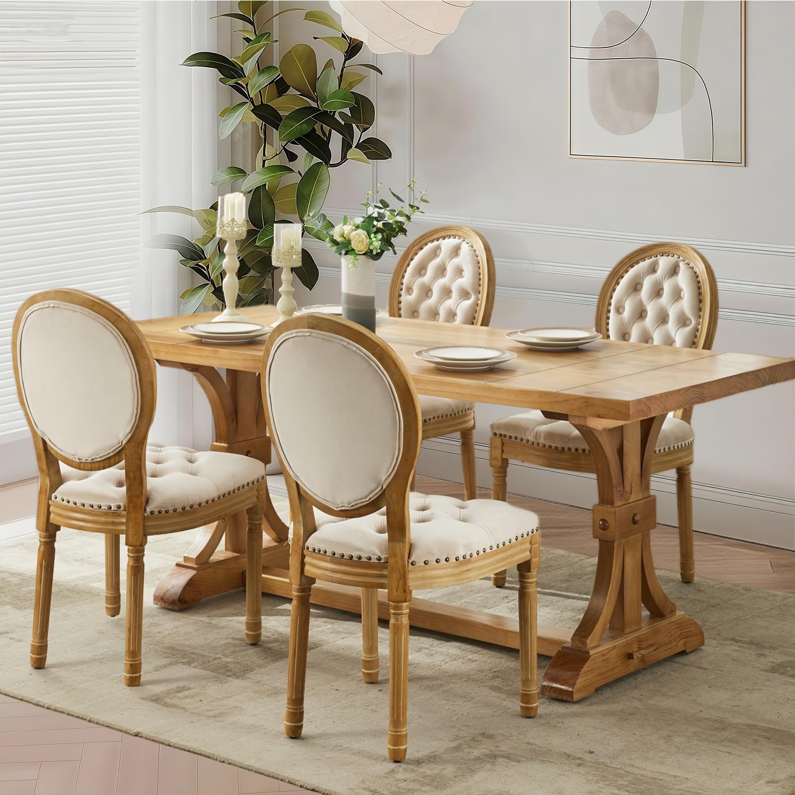 Rattan Back Upholstered Dining Chairs Set of 4 French Country Oval Kitchen Side Chairs with Wood Legs for Dining Room, Kitchen, Restaurant(Beige-Rattan)