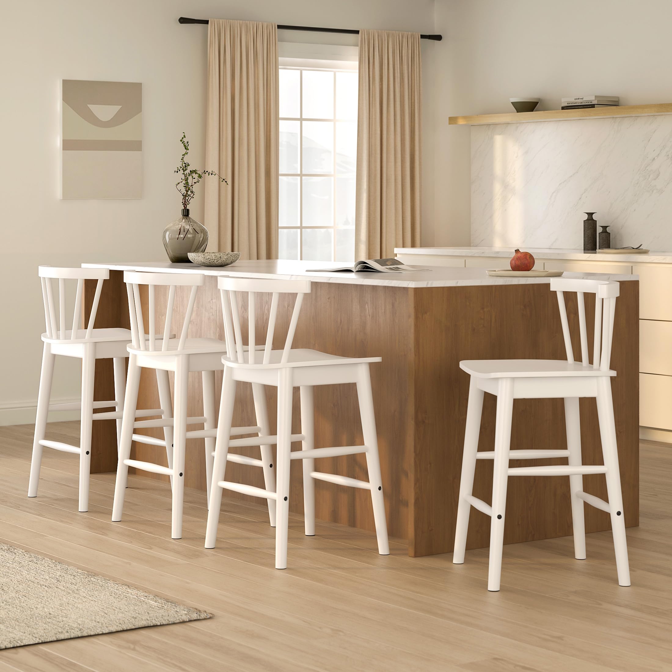 Modern Bar Stools Set of 2, 24" Wooden Counter Height Barstools, Modern Armless Farmhouse Bar Dining Chairs with Back & Footrest for Kitchen Island Pub, Natural Oak