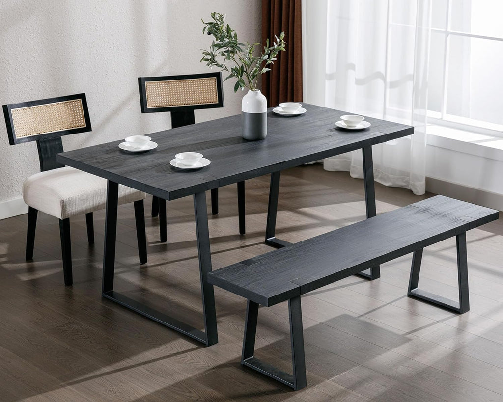 VESCASA 60" Wood Dining Bench with Black Metal Legs for Dining Room, Kitchen, Black