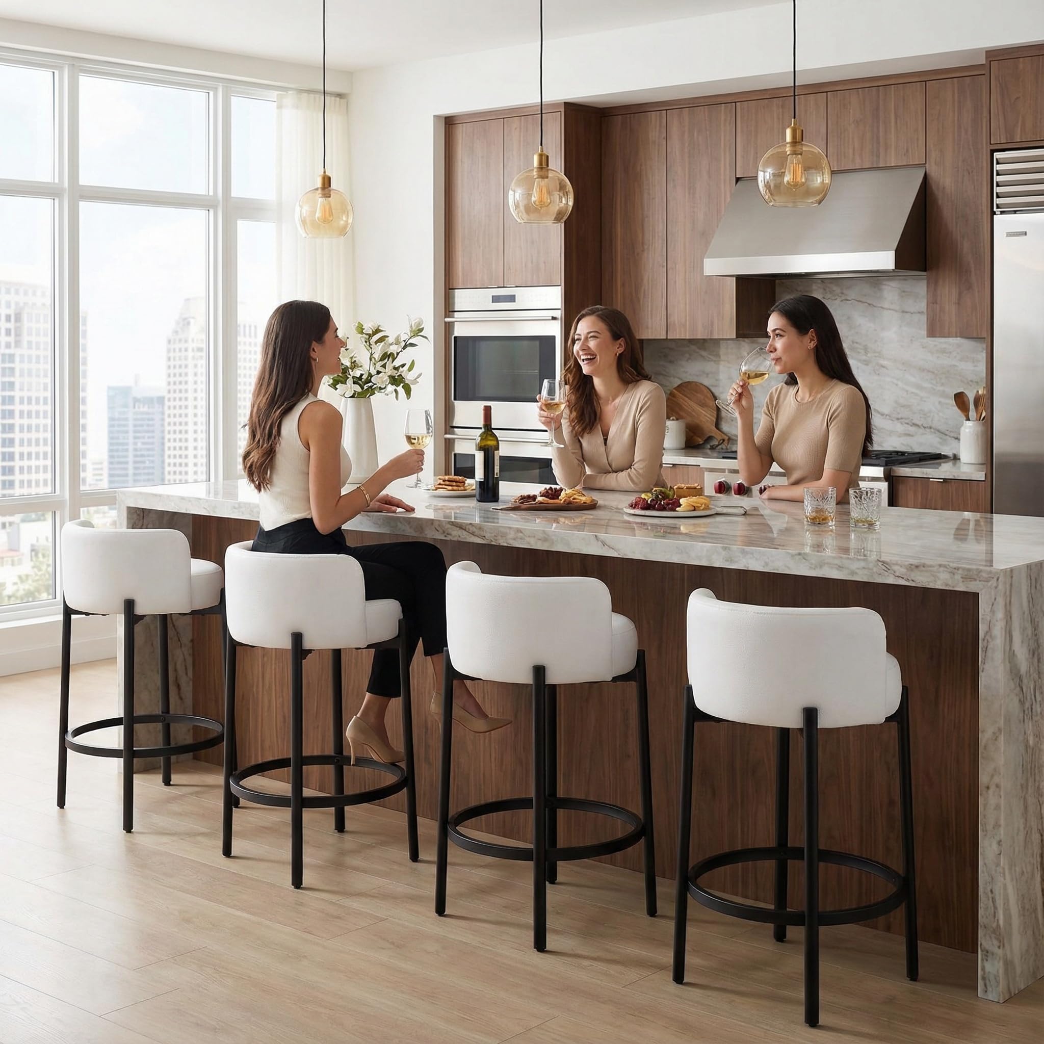 LukeAlon Mid Century Linen Counter Stools Set of 4, Upholstered 26.5” Seat Height Low Barstools with Natural Wood Legs Round Low Back Kitchen Stools with Footrest for Dining Room, Beige