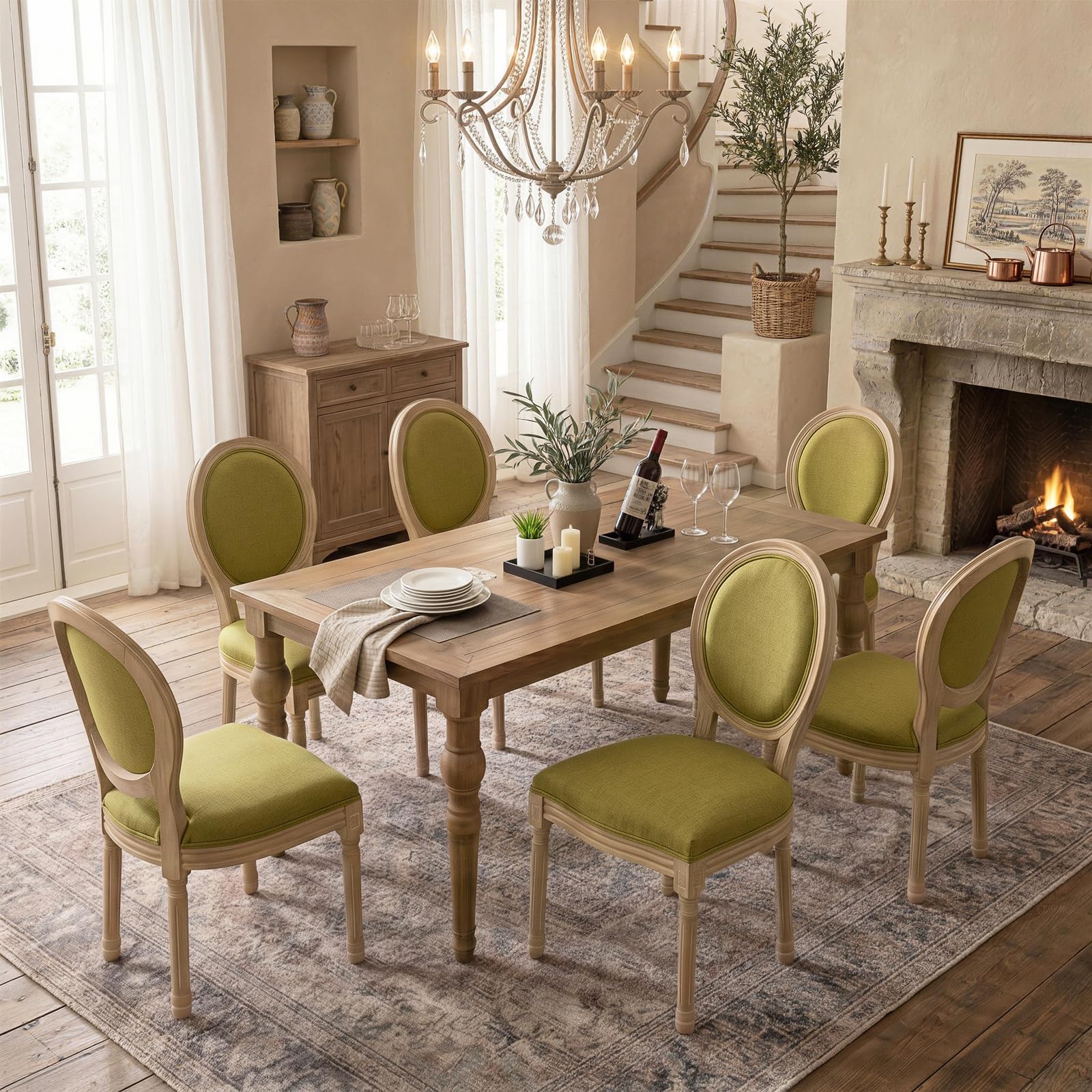 SoarFlash French Dining Chairs Set of 2, Vantage Dining Chair with Round Back, Wood Leg Farmhouse Country Rattan Dining Chair for Kitchen,Bedroom,Beige