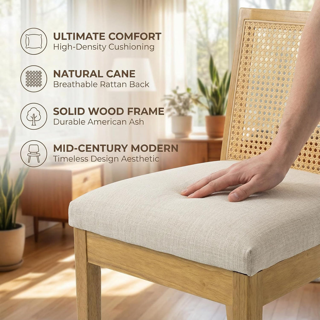 HNY Farmhouse Rattan Dining Chairs Set of 4, Natural Solid Hardwood Frame, Upholstered Linen Seat, Ergonomic Cane Back Dining Room Chairs for Kitchen, Dining Room, Apartment, Beige