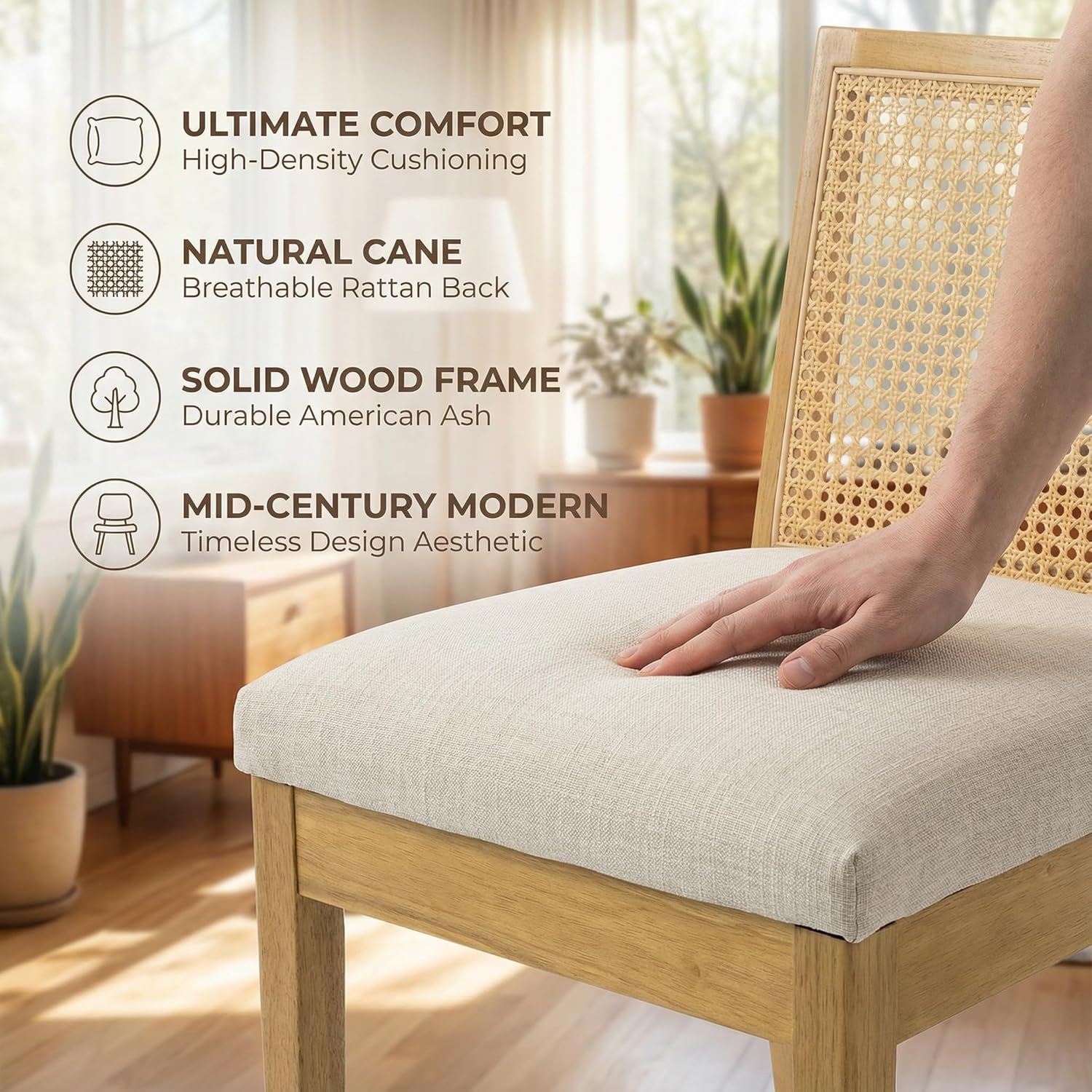 HNY Farmhouse Rattan Dining Chairs Set of 4, Natural Solid Hardwood Frame, Upholstered Linen Seat, Ergonomic Cane Back Dining Room Chairs for Kitchen, Dining Room, Apartment, Beige