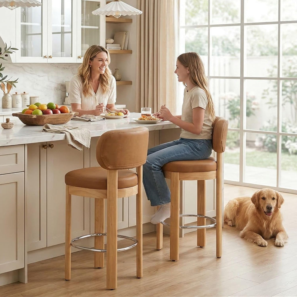 HNY Brown Leather Bar Stools Set of 2, Modern Upholstered Counter Height Bar Stools, Farmhouse Armless Bar Chairs with Solid Wood Legs & Padded Back for Kitchen Island/Dining Room Bar - 26 Inches
