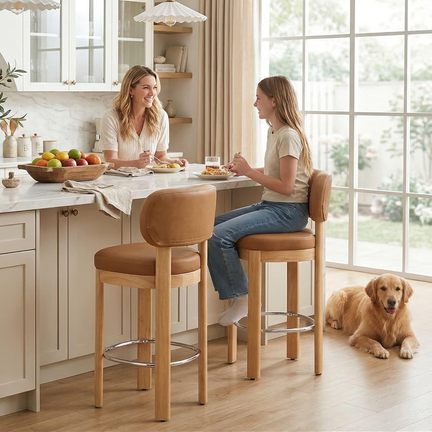 HNY Brown Leather Bar Stools Set of 2, Modern Upholstered Counter Height Bar Stools, Farmhouse Armless Bar Chairs with Solid Wood Legs & Padded Back for Kitchen Island/Dining Room Bar - 26 Inches