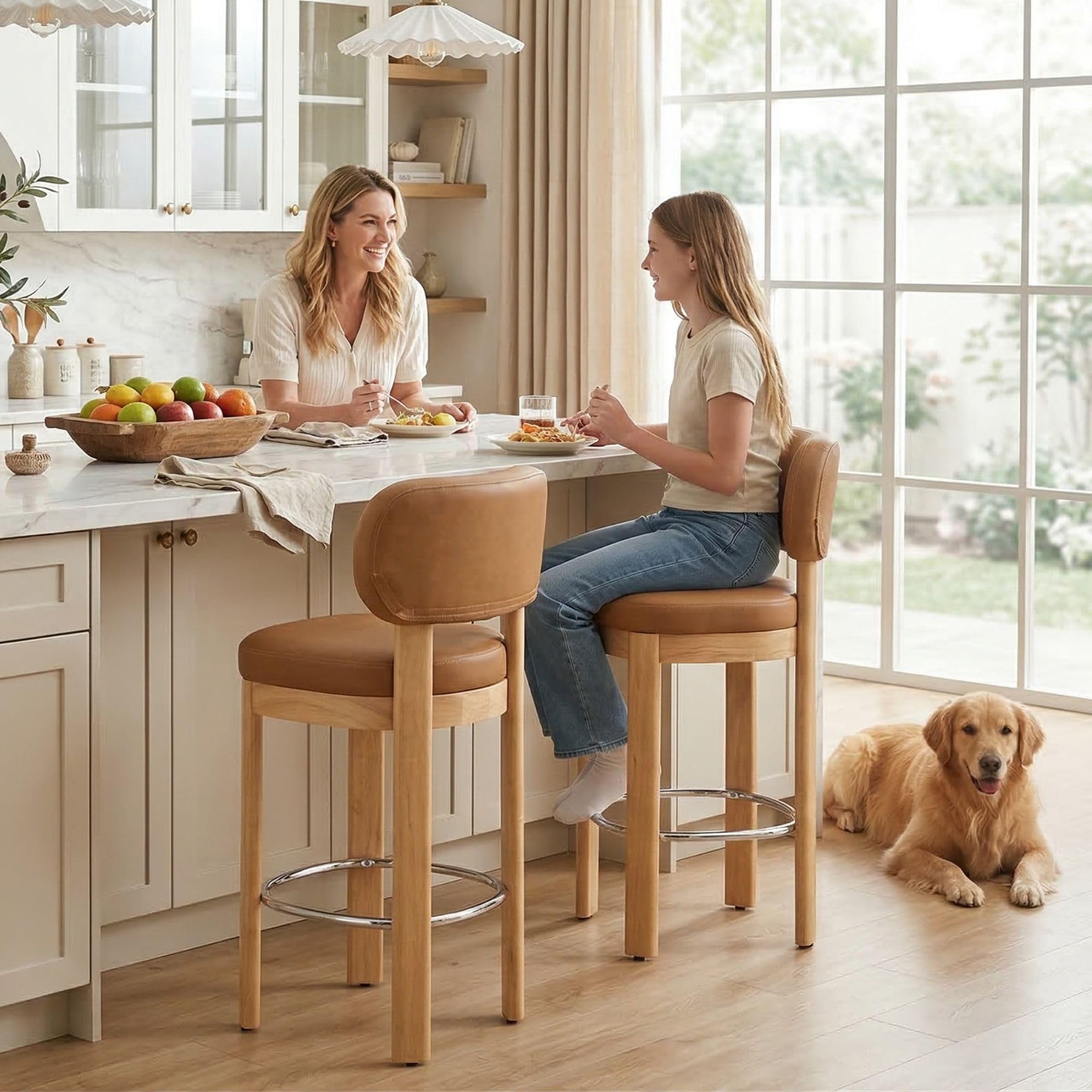 HNY Brown Leather Bar Stools Set of 2, Modern Upholstered Counter Height Bar Stools, Farmhouse Armless Bar Chairs with Solid Wood Legs & Padded Back for Kitchen Island/Dining Room Bar - 26 Inches