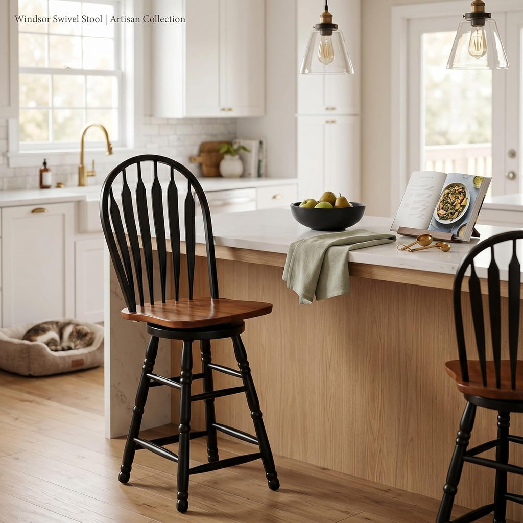 Sunset Trading Selections 24" Counter Height Swivel Barstool | Farmhouse Country Cottage Windsor Arrowback Café Stool | Antique Black & Cherry Solid Wood | Dining Room Kitchen Home Bar Furniture