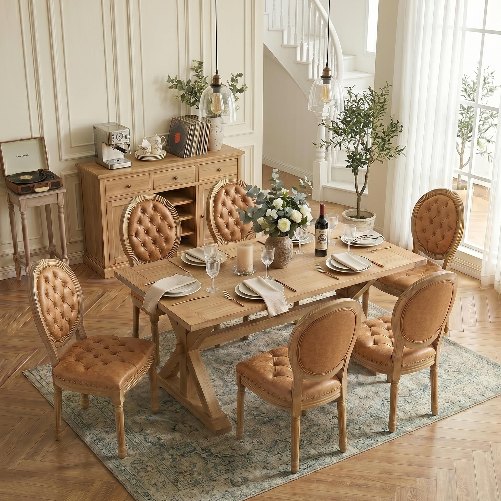 SoarFlash French Dining Chairs Set of 2, Vantage Dining Chair with Round Back, Wood Leg Farmhouse Country Rattan Dining Chair for Kitchen,Bedroom,Beige