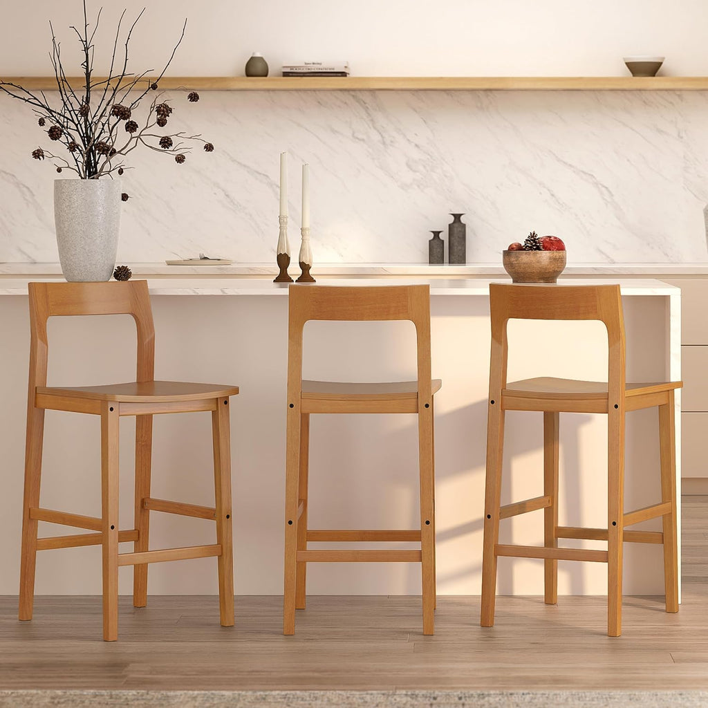 EYYTHUNG Counter Height Stools Set of 3, Farmhouse 25” Bar Stools with Solid Wood Legs & Back, Mid Century Modern Barstools Chairs for Kitchen Island, Dining Room, Cafe, Pub, Dark Oak