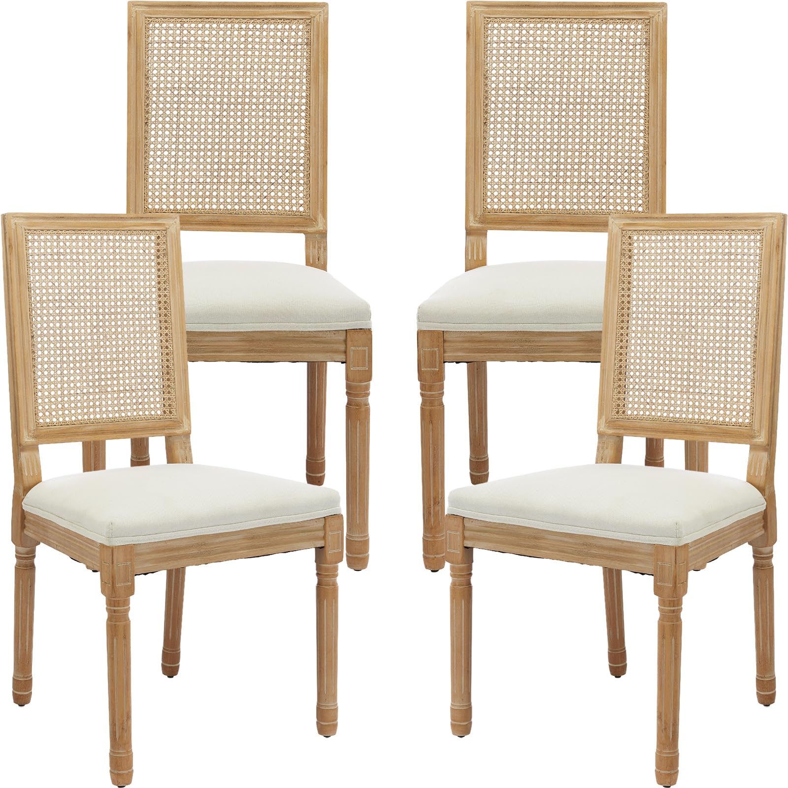 Vintage French Rattan Dining Chairs Set of 6, Square Back Side Chairs with Rattan Backrest, Upholstered Linen Seat and Solid Wood Frame, Sillas de Comedor for Dining Room & Kitchen, Dark Gray