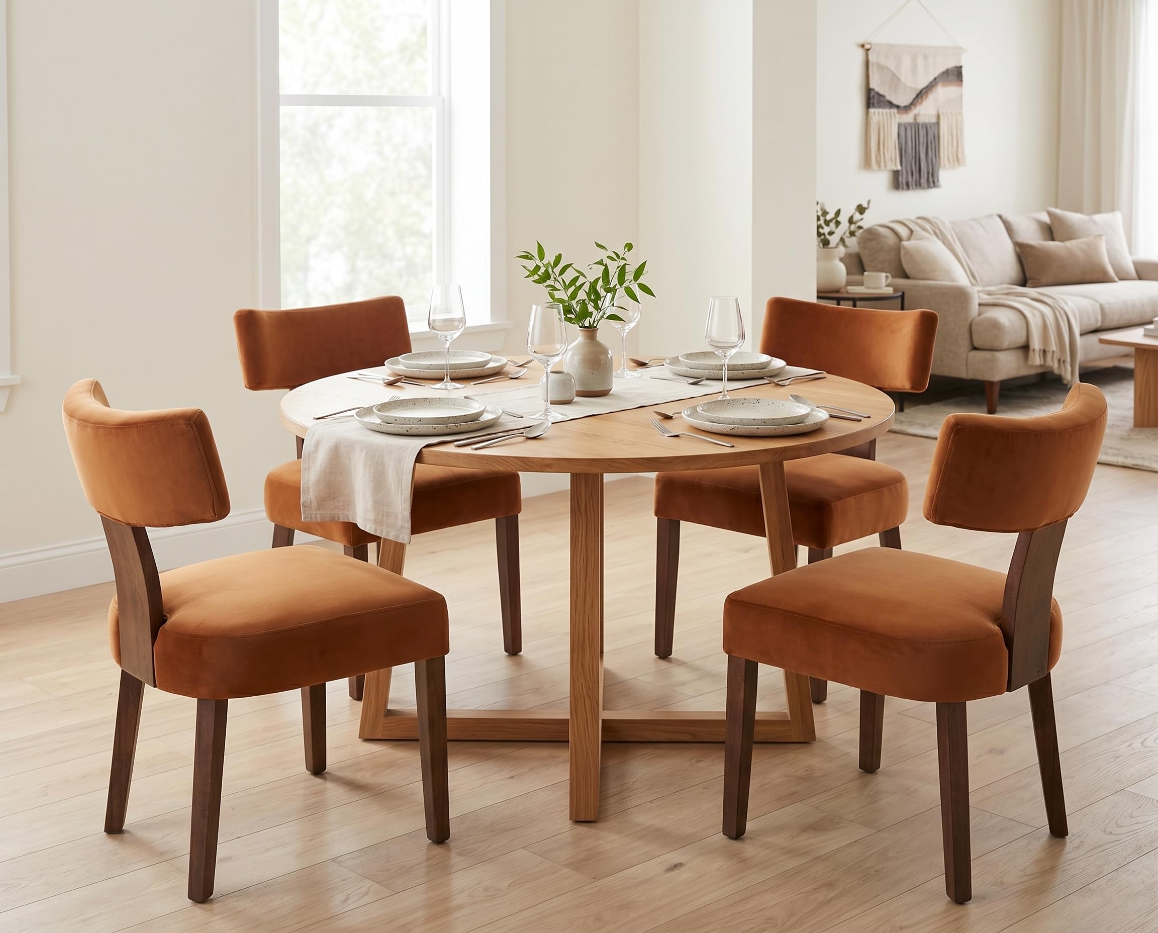 RIVOVA Rattan Dining Chairs Set of 4, Mid Century Modern Dining Chair Upholstered Linen Fabric Kitchen Side Chair, Modern Kitchen Armless Solid Wood Dining Chairs, Beige