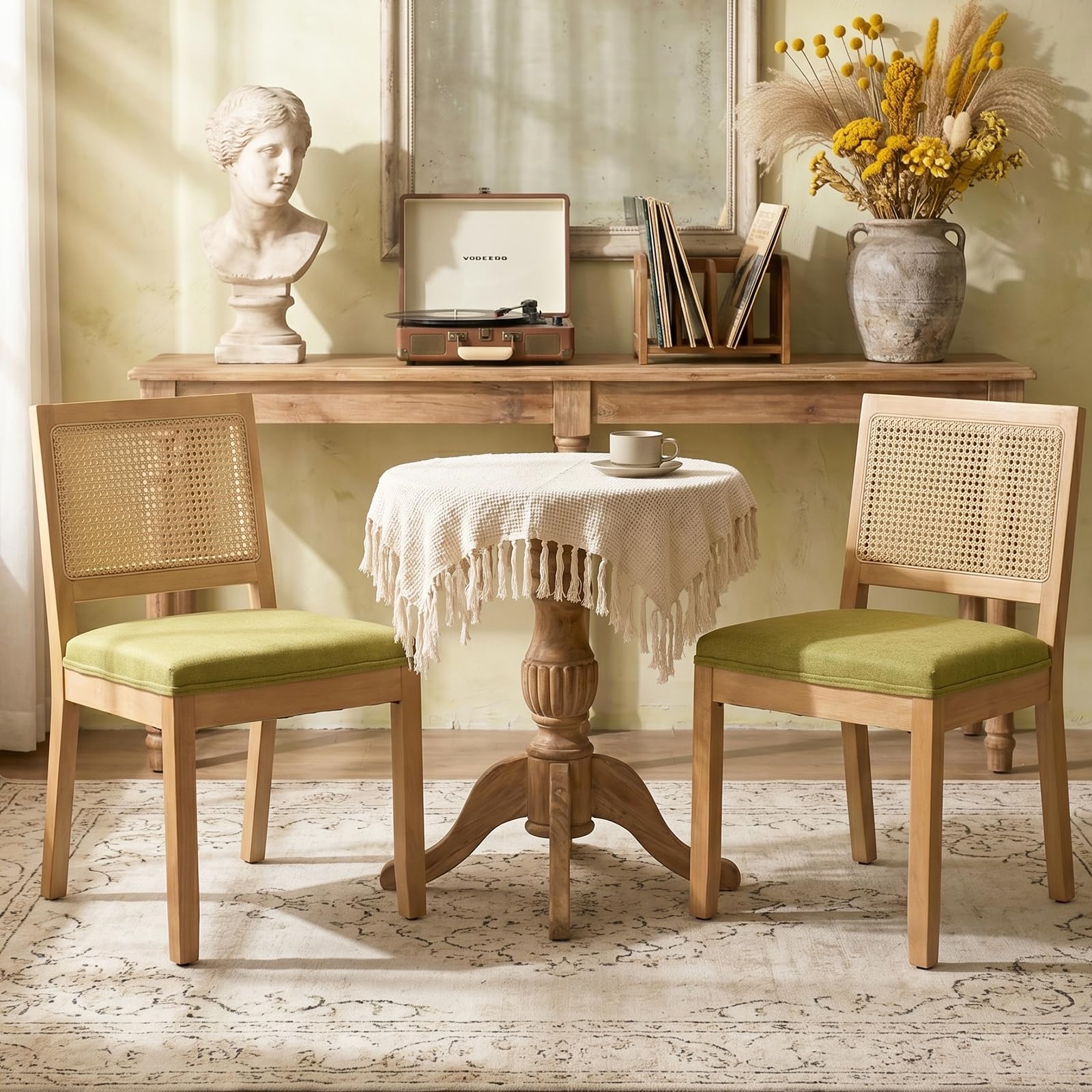 Rattan Back Upholstered Dining Chairs Set of 4 French Country Oval Kitchen Side Chairs with Wood Legs for Dining Room, Kitchen, Restaurant(Beige-Rattan)