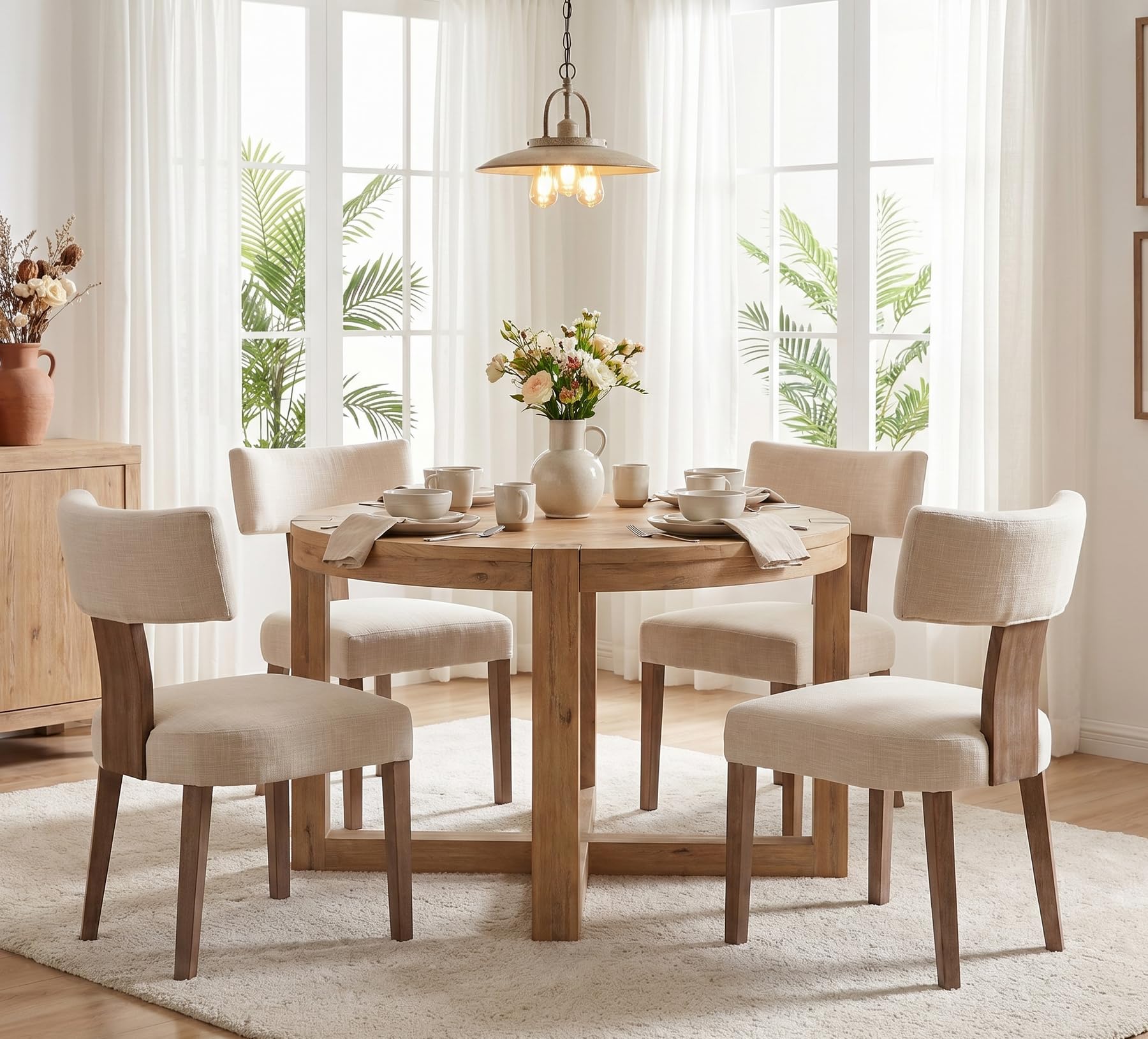 RIVOVA Rattan Dining Chairs Set of 4, Mid Century Modern Dining Chair Upholstered Linen Fabric Kitchen Side Chair, Modern Kitchen Armless Solid Wood Dining Chairs, Beige