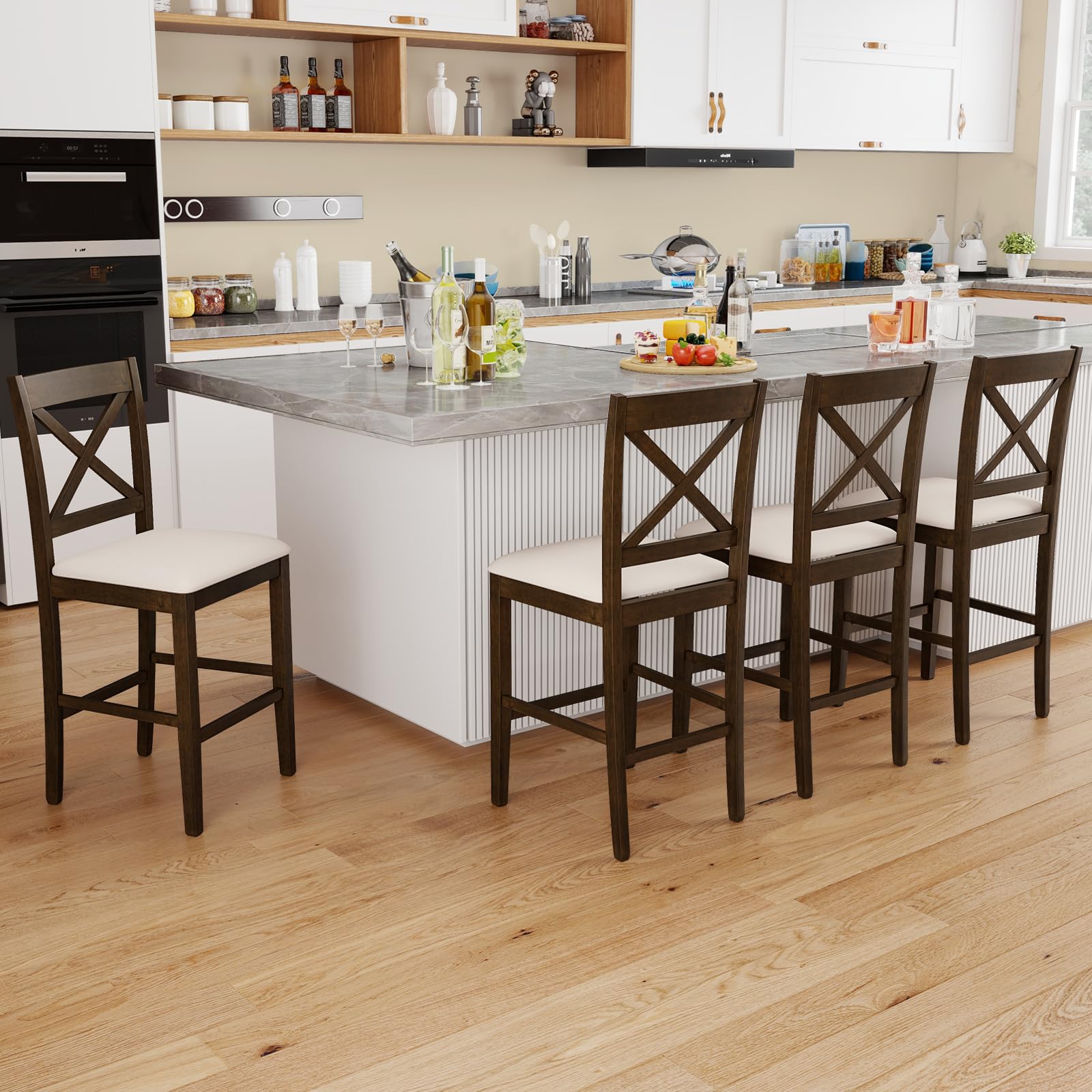 Giantex 24" Bar Stools Set of 4, Farmhouse Counter Height Barstools w/Footrest, Cross Back, Comfortable Linen Cushion, Upholstered Wood Bar Chairs for Kitchen Island Dining Room Cafe, Walnut & Beige