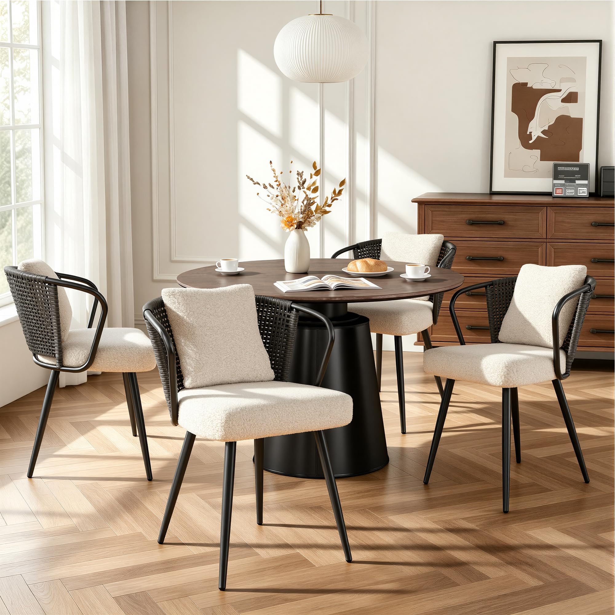 Rattan Dining Chairs Set of 4, Modern Upholstered Kitchen Chair with Metal Legs, Ergonomic Curved Backrest, Mid Century Living Room Chairs with Throw Pillow, Natural