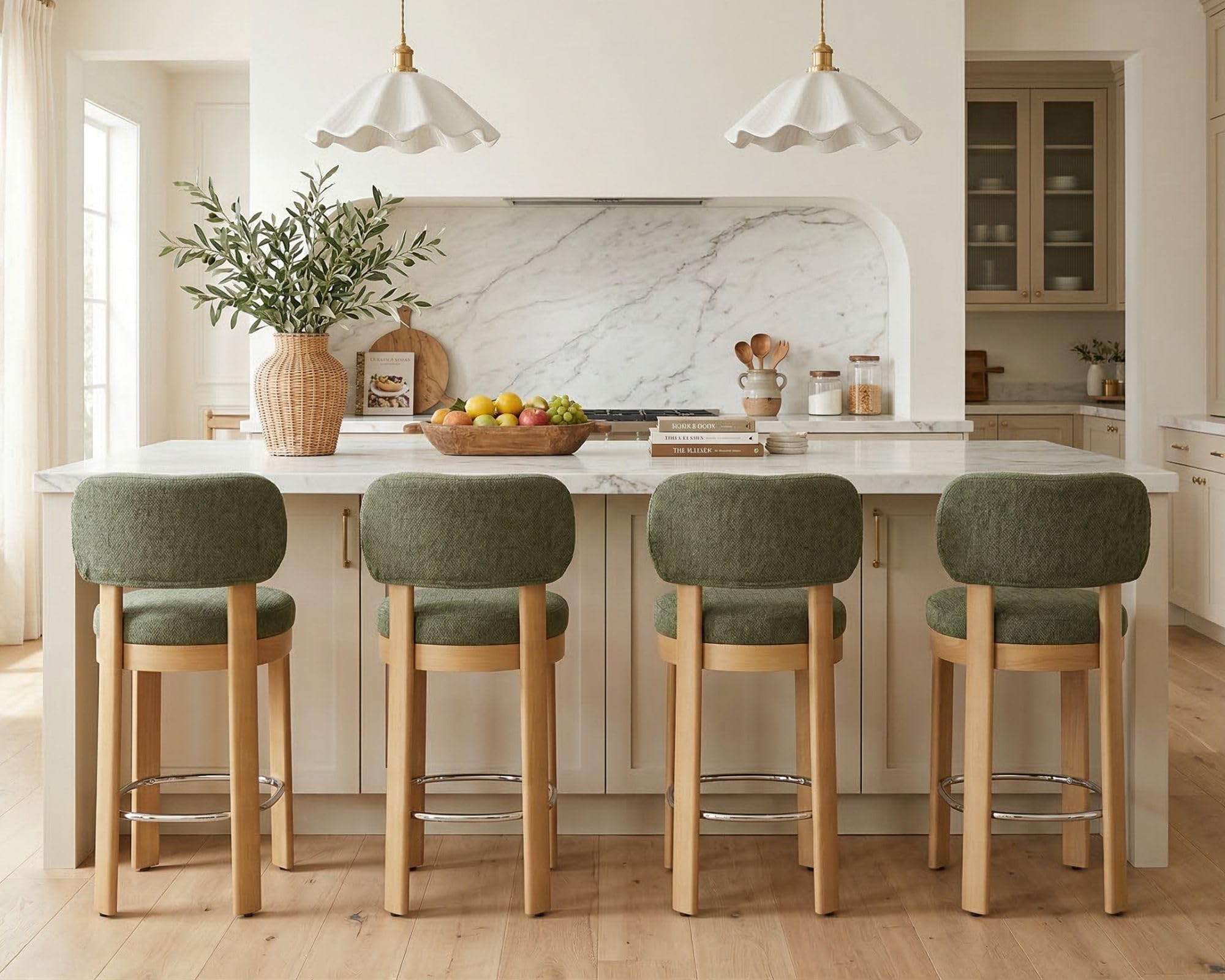 HNY Brown Leather Bar Stools Set of 2, Modern Upholstered Counter Height Bar Stools, Farmhouse Armless Bar Chairs with Solid Wood Legs & Padded Back for Kitchen Island/Dining Room Bar - 26 Inches