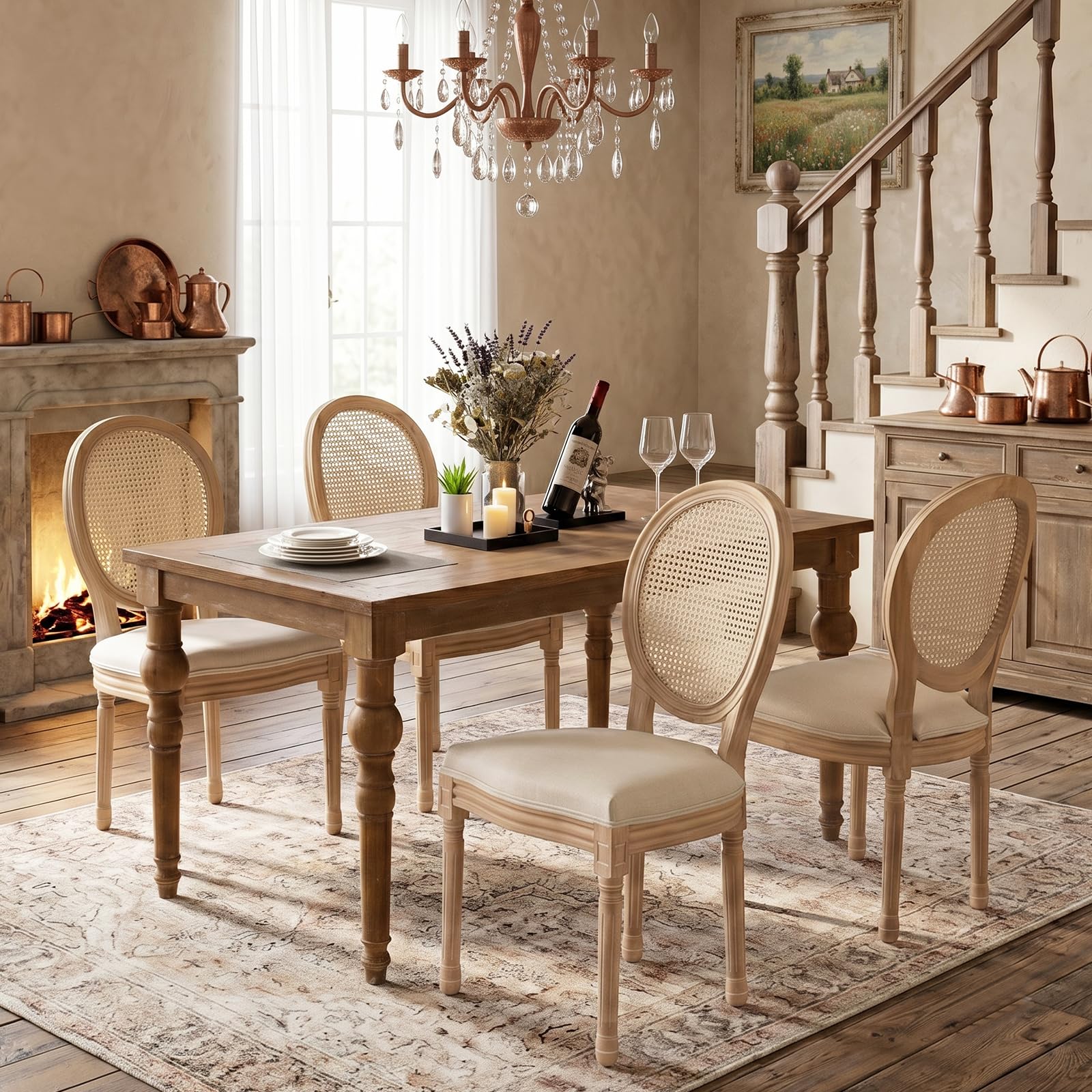 SoarFlash French Dining Chairs Set of 2, Vantage Dining Chair with Round Back, Wood Leg Farmhouse Country Rattan Dining Chair for Kitchen,Bedroom,Beige