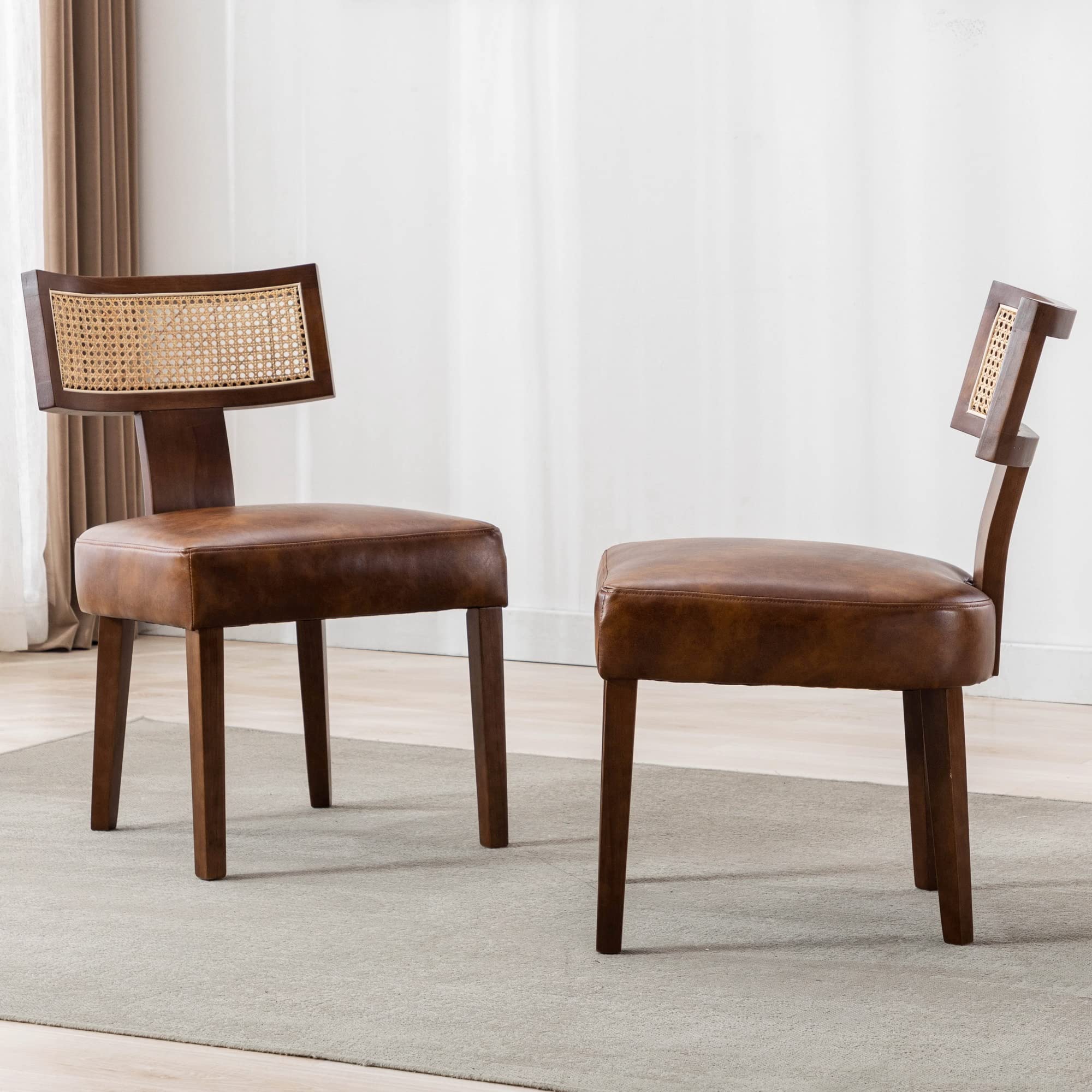 RIVOVA Rattan Dining Chairs Set of 4, Mid Century Modern Dining Chair Upholstered Linen Fabric Kitchen Side Chair, Modern Kitchen Armless Solid Wood Dining Chairs, Beige