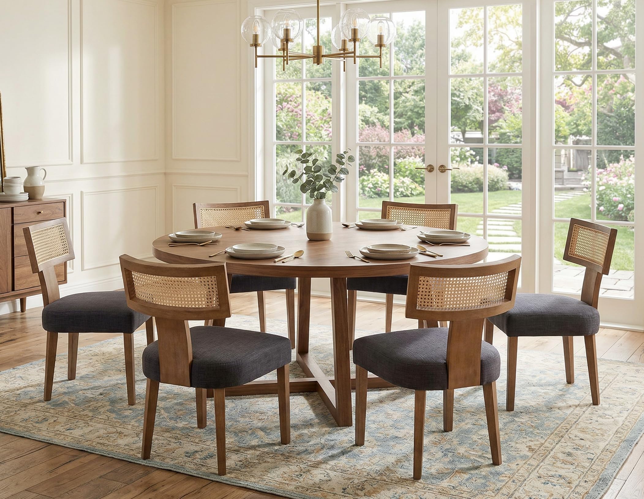 RIVOVA Rattan Dining Chairs Set of 4, Mid Century Modern Dining Chair Upholstered Linen Fabric Kitchen Side Chair, Modern Kitchen Armless Solid Wood Dining Chairs, Beige
