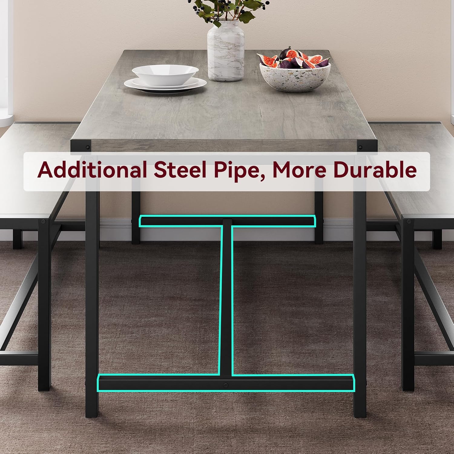 IDEALHOUSE Dining Table Set for 4, Kitchen Table with Benches, Rectangular Dining Room Table Set with 2 Metal Wood Benches, 3 Piece Dining Table Set for Small Space, Apartment, Dinette, Retro Gray