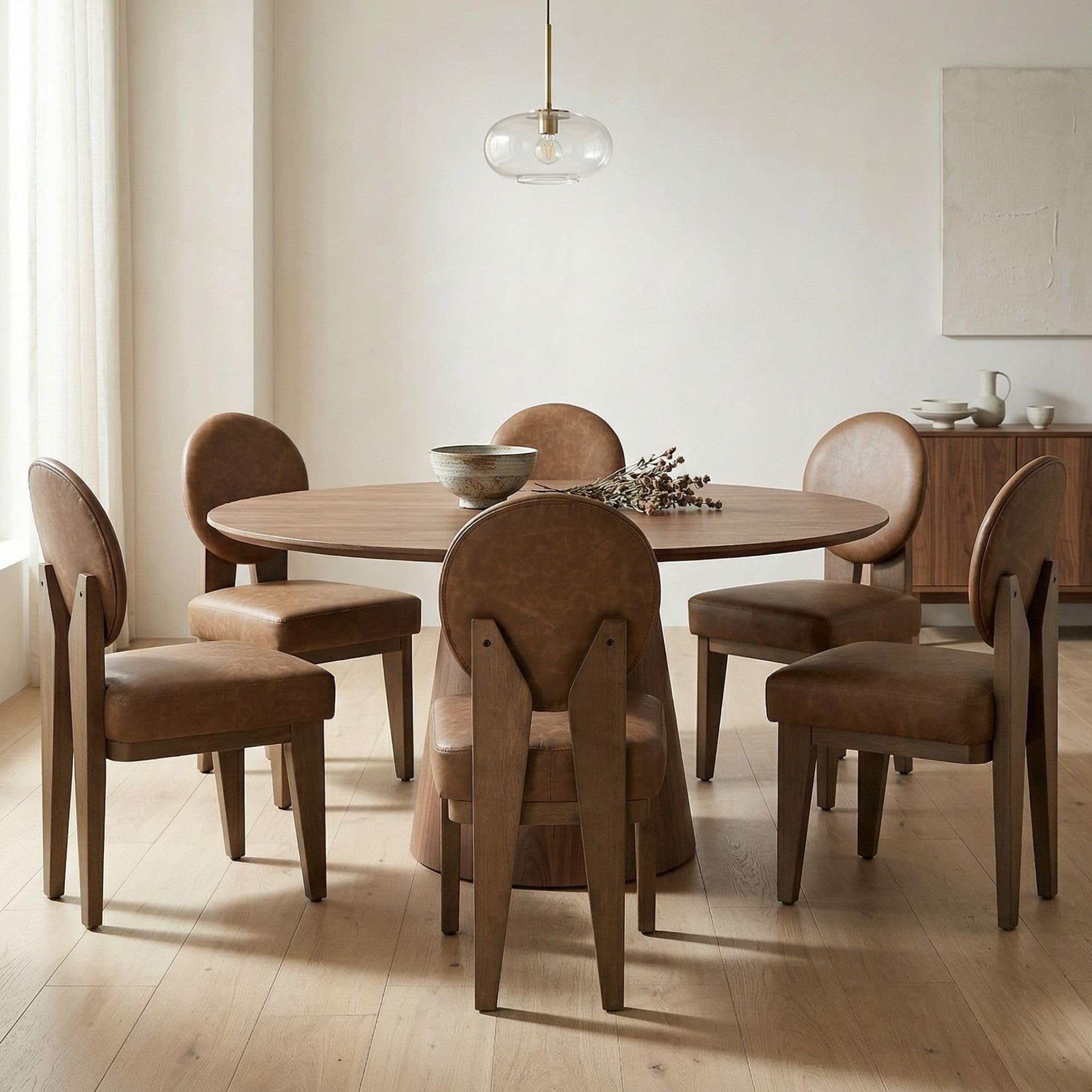 Hyfirm Mid-Century Modern Walnut Dining Chairs Set of 2, Vintage Brown Leather Wooden Kitchen Chairs, Retro Upholstered PU Cushioned Seat with Curved Backrest, Armless Accent Side Chair for Bedroom