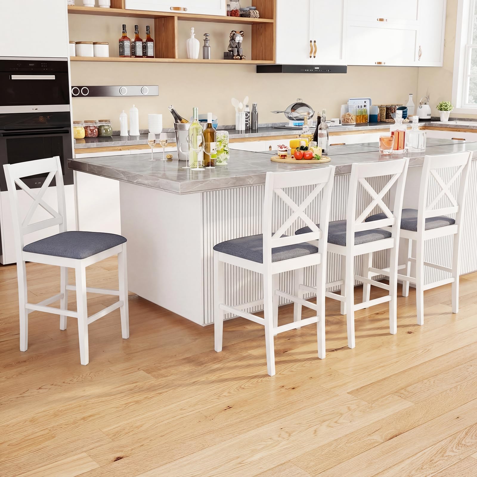 Giantex 24" Bar Stools Set of 4, Farmhouse Counter Height Barstools w/Footrest, Cross Back, Comfortable Linen Cushion, Upholstered Wood Bar Chairs for Kitchen Island Dining Room Cafe, Walnut & Beige