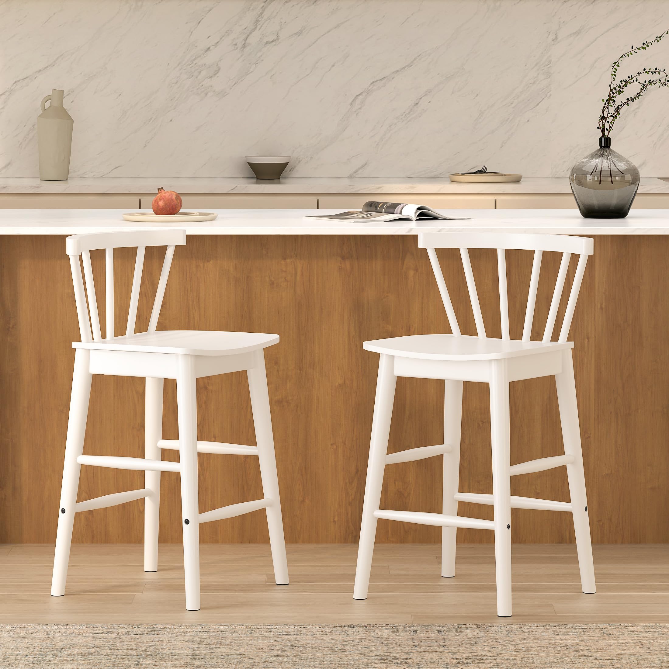 Modern Bar Stools Set of 2, 24" Wooden Counter Height Barstools, Modern Armless Farmhouse Bar Dining Chairs with Back & Footrest for Kitchen Island Pub, Natural Oak
