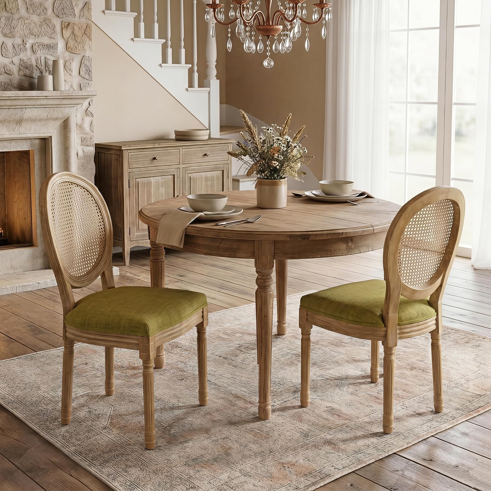 SoarFlash French Dining Chairs Set of 2, Vantage Dining Chair with Round Back, Wood Leg Farmhouse Country Rattan Dining Chair for Kitchen,Bedroom,Beige