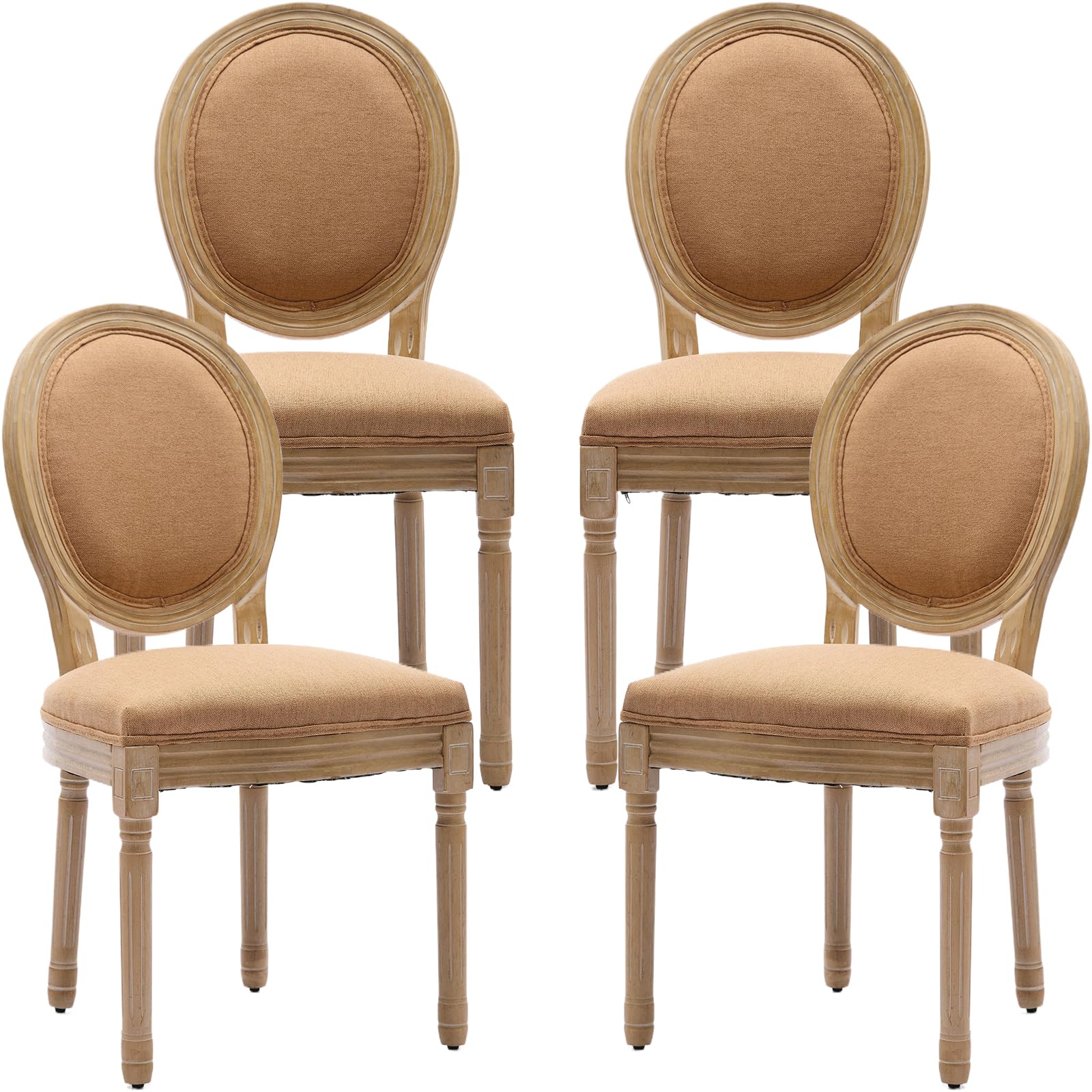 Vintage French Rattan Dining Chairs Set of 4, Solid Wood Frame with Round Rattan Back and Linen Upholstered Seat, Farmhouse Accent Sillas de Comedor Side Chairs for Dining Room & Kitchen, Beige