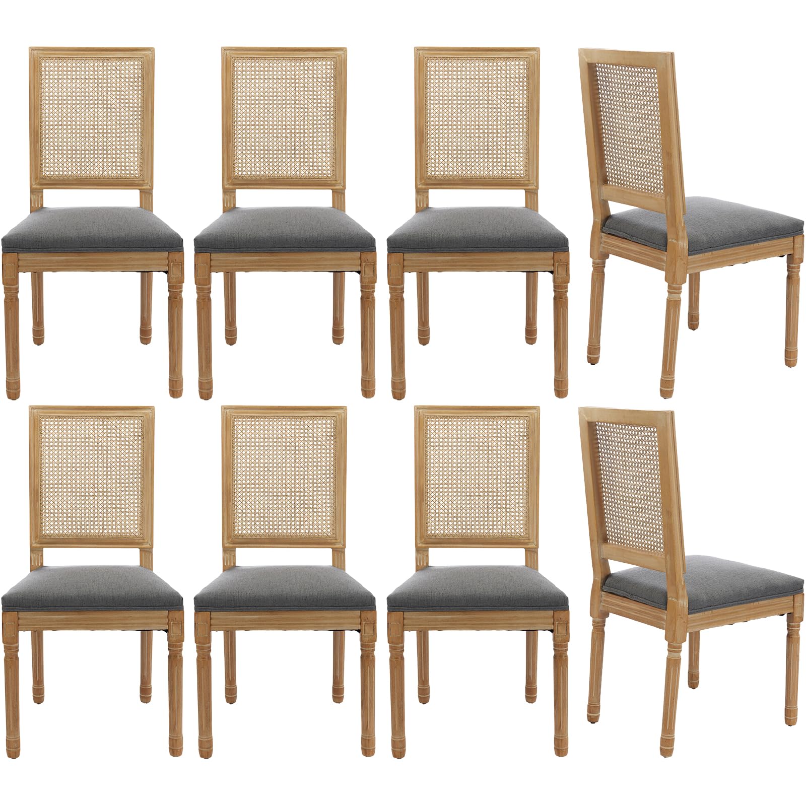 Vintage French Rattan Dining Chairs Set of 6, Square Back Side Chairs with Rattan Backrest, Upholstered Linen Seat and Solid Wood Frame, Sillas de Comedor for Dining Room & Kitchen, Dark Gray