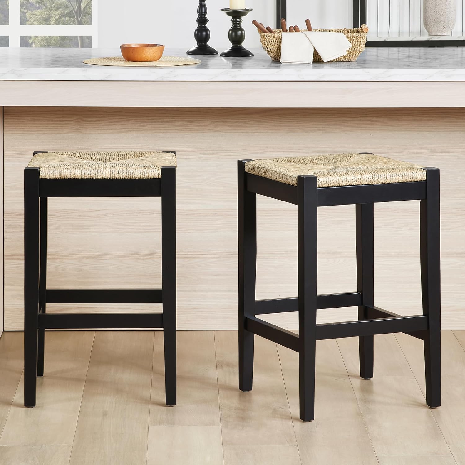 2PC Woven Seagrass Counter Stools, Black Solid Wood Legs, 26 Inch