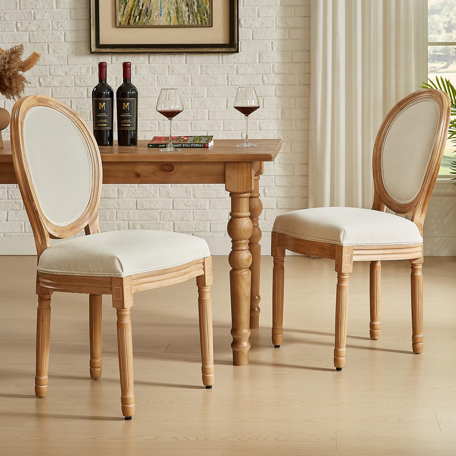 Nrizc French Country Dining Chairs Set of 4, Farmhouse Fabric Chairs with Round Back, Rattan Dining Chair, Oval Side Chairs for Dining Room/Living Room/Kitchen/Restaurant
