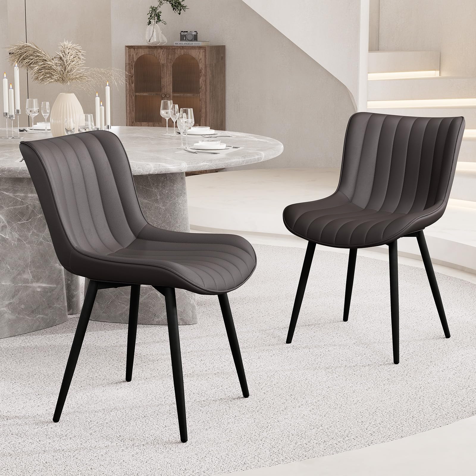 YOUNUOKE Mid-Century Modern Dining Chairs Set of 2, Blue PU Leather Upholstered Kitchen Chairs with Black Metal Legs, Armless Accent Chair for Dining Room, Guest Reception Room