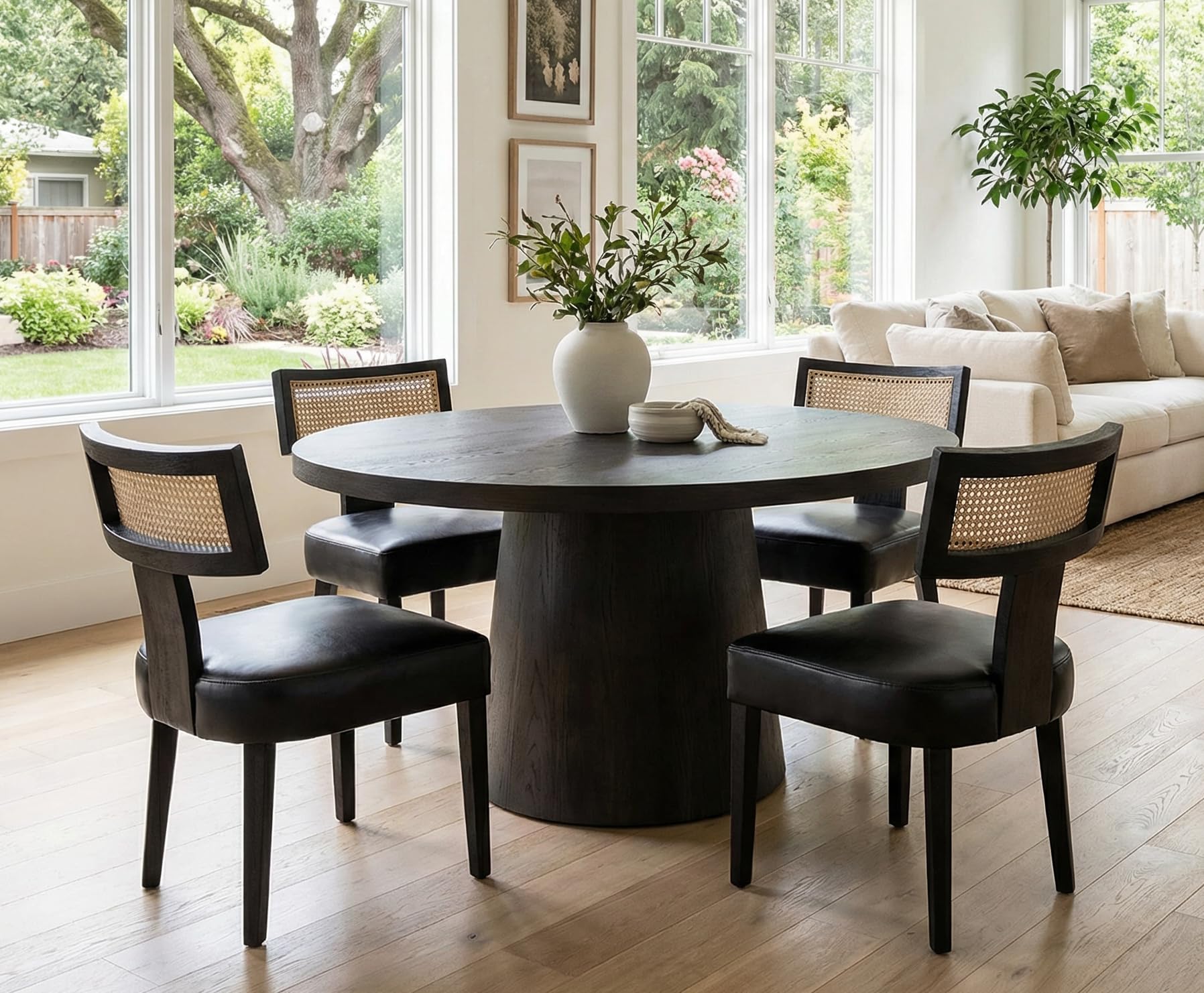 RIVOVA Rattan Dining Chairs Set of 4, Mid Century Modern Dining Chair Upholstered Linen Fabric Kitchen Side Chair, Modern Kitchen Armless Solid Wood Dining Chairs, Beige