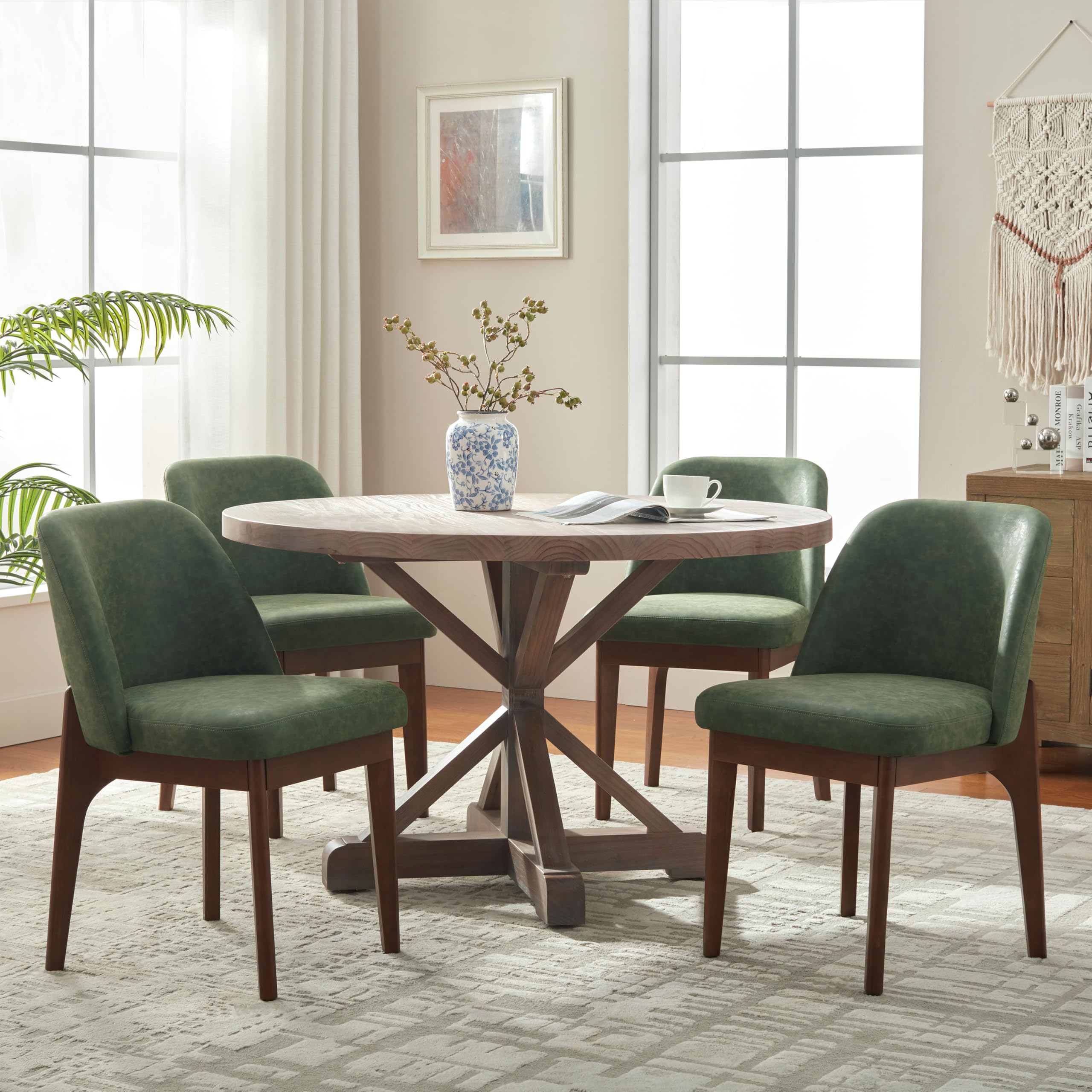 VKNOW Modern Dining Chairs Set of 2, Faux Leather Kitchen Chairs with Wood Legs, Upholstered Side Chair for Kitchen Dining Room, Beige