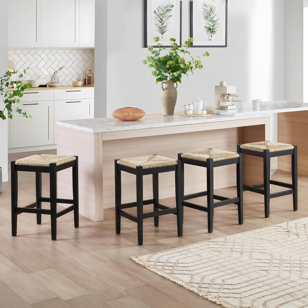 2PC Woven Seagrass Counter Stools, Black Solid Wood Legs, 26 Inch