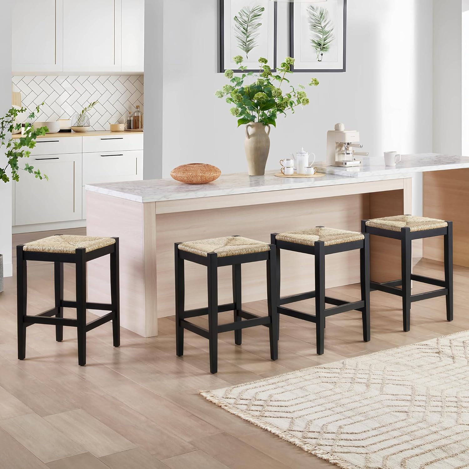 2PC Woven Seagrass Counter Stools, Black Solid Wood Legs, 26 Inch