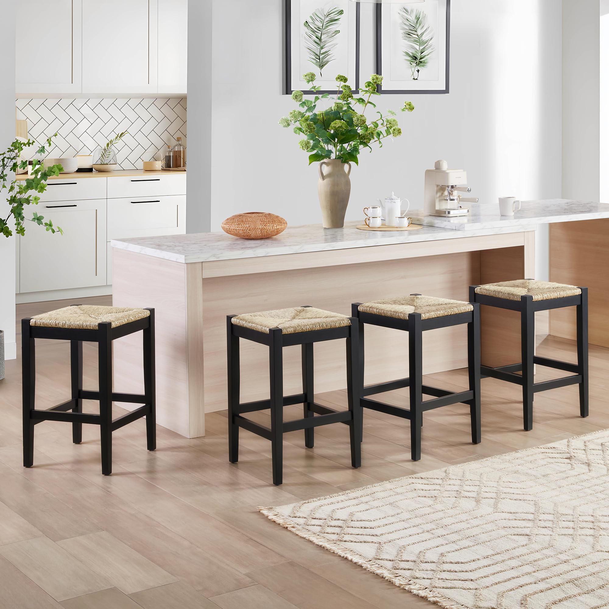 2PC Woven Seagrass Counter Stools, Black Solid Wood Legs, 26 Inch